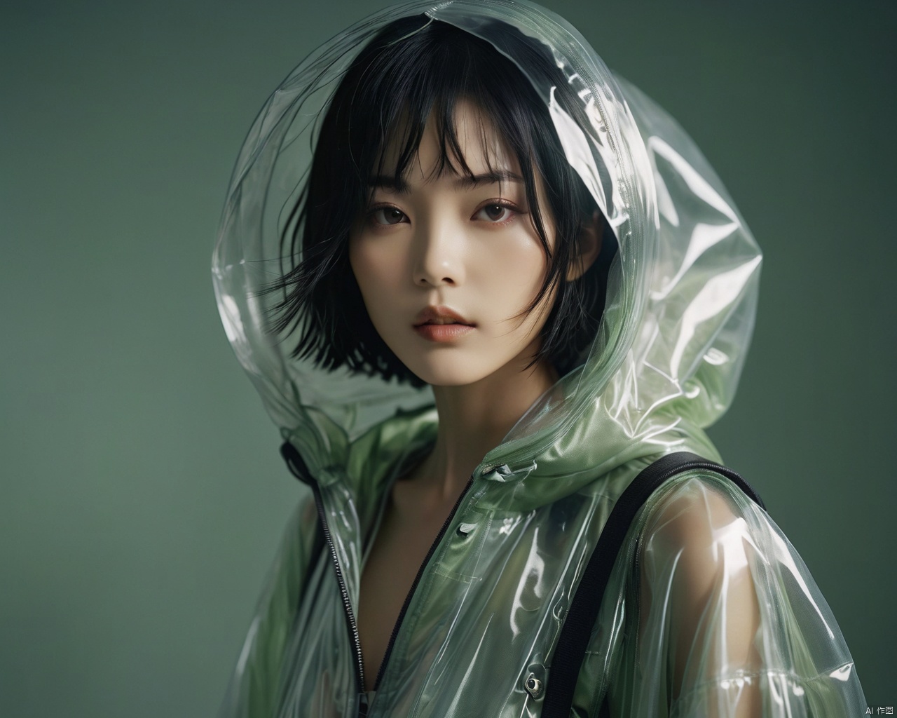 cinematic photo fine art photography of a beautiful slender japanese model walking,  high-fashion custome designed by mart...
