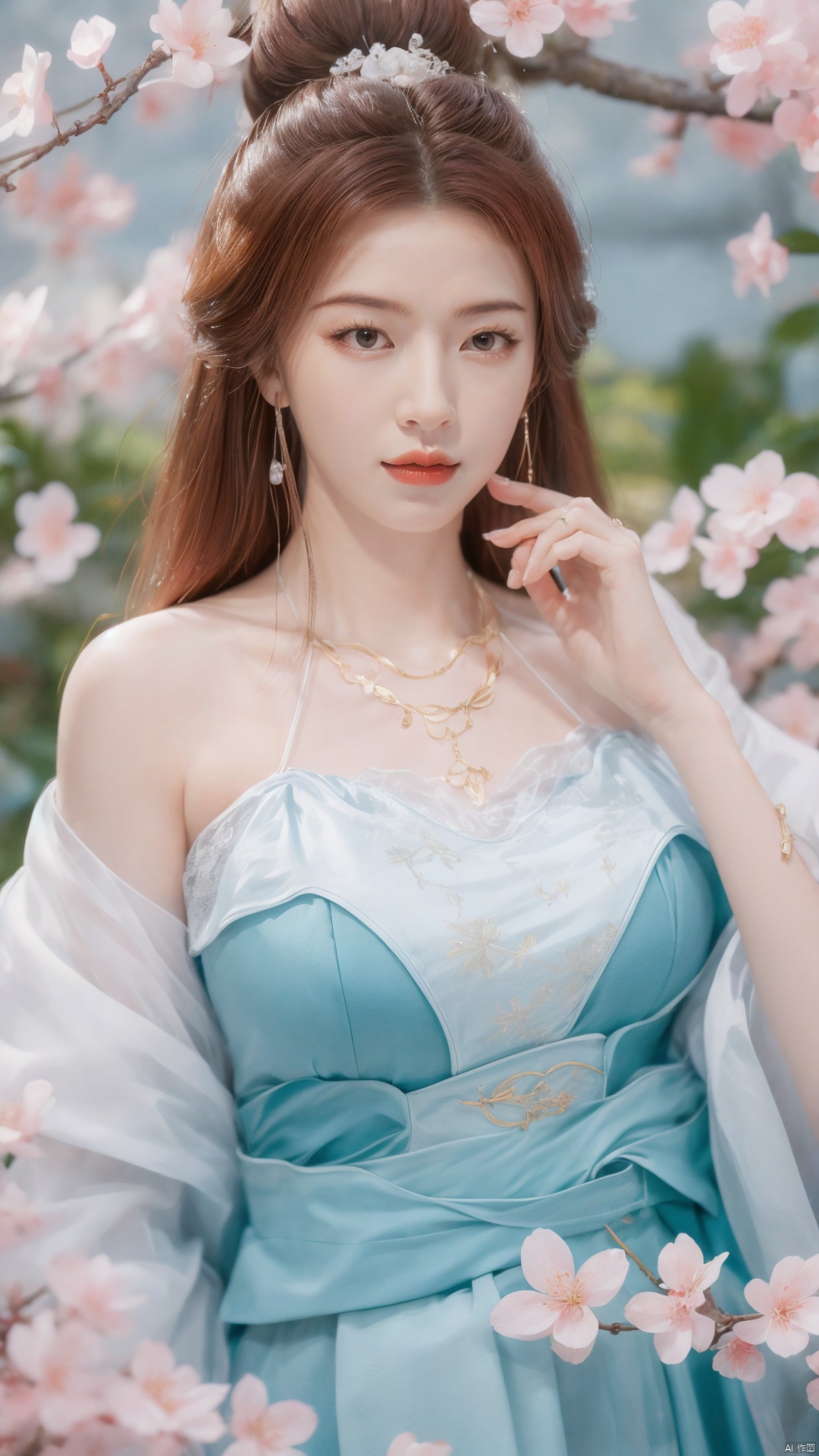 masterpiece,(best quality),upper_body,,exploring cherry blossom branches,wonderland,light blue element, sly,Xsulingyun,(big breasts:1.29)