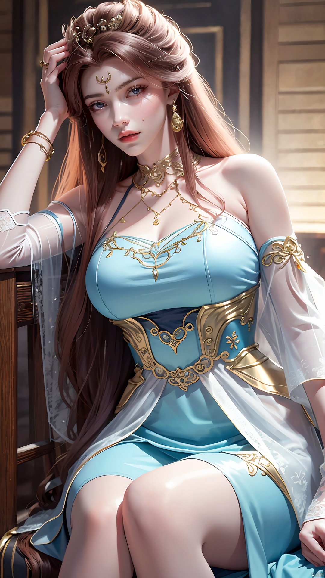 masterpiece,(best quality),official art,extremely detailed cg 8k wallpaper,(extremely delicate and beautiful),solo,realistic,photo_\(medium\),head rest,1girl,chinese clothes,gown,bare shoulders,metal collar,chain,solo,brown hair,long hair,gown,jewelry,bracelet,detached sleeves,hair ornament,see-through,,Xsulingyun,(big breasts:1.23)