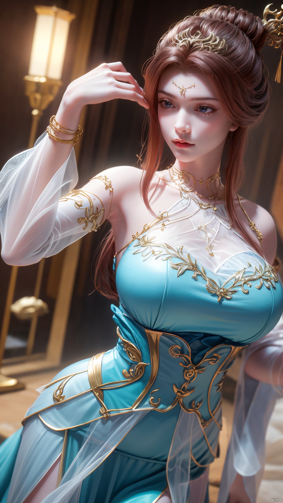masterpiece,(best quality),official art,extremely detailed cg 8k wallpaper,(extremely delicate and beautiful),solo,realistic,photo_\(medium\),head rest,1girl,chinese clothes,gown,bare shoulders,metal collar,chain,solo,brown hair,long hair,gown,jewelry,bracelet,detached sleeves,hair ornament,see-through,,Xsulingyun,(big breasts:1.23),Xningyudie,X-Hydrangea, Water_butterfly, ty-hd