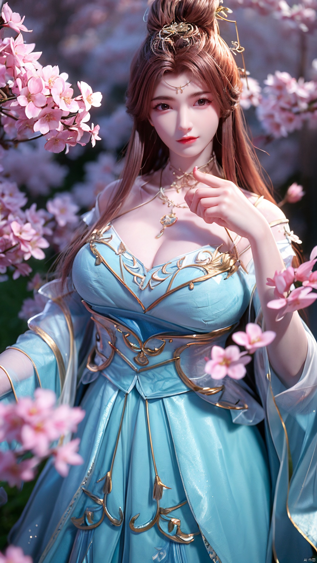 masterpiece,(best quality),upper_body,,exploring cherry blossom branches,wonderland,light blue element, sly,Xsulingyun,(big breasts:1.29)