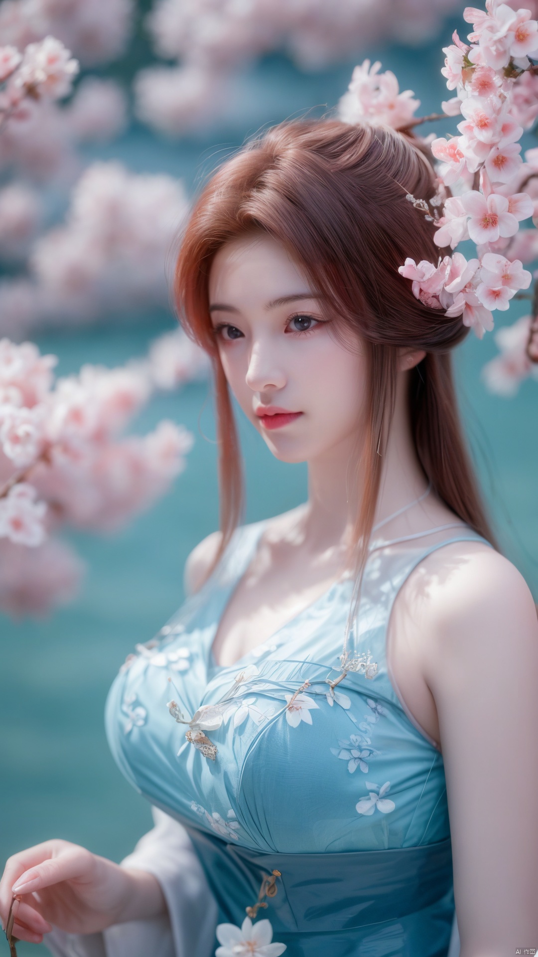 masterpiece,(best quality),upper_body,,exploring cherry blossom branches,wonderland,light blue element, sly,Xsulingyun,(big breasts:1.29), traditional chinese ink painting