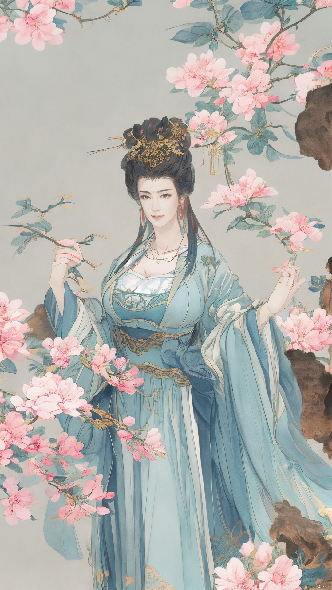 masterpiece,(best quality),upper_body,,exploring cherry blossom branches,wonderland,light blue element, sly,Xsulingyun,(big breasts:1.29), traditional chinese ink painting