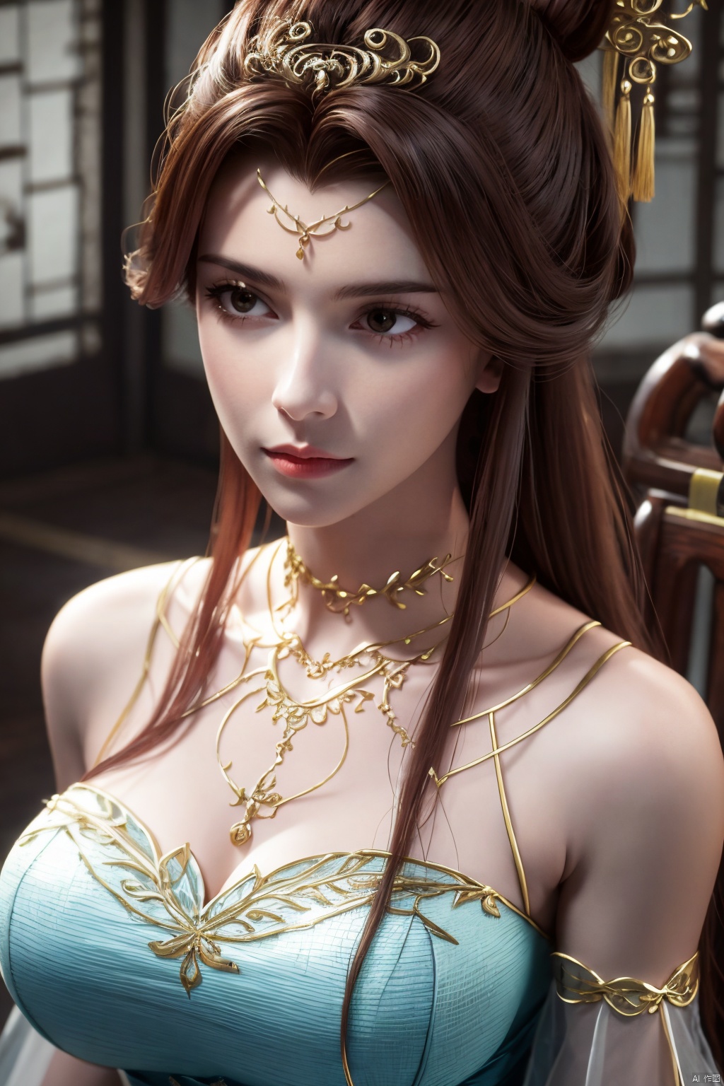 masterpiece,(best quality),official art,extremely detailed cg 8k wallpaper,(extremely delicate and beautiful),solo,realistic,photo_\(medium\),head rest,1girl,chinese clothes,gown,bare shoulders,metal collar,chain,solo,brown hair,long hair,gown,jewelry,bracelet,detached sleeves,hair ornament,see-through,,Xsulingyun,(big breasts:1.23)