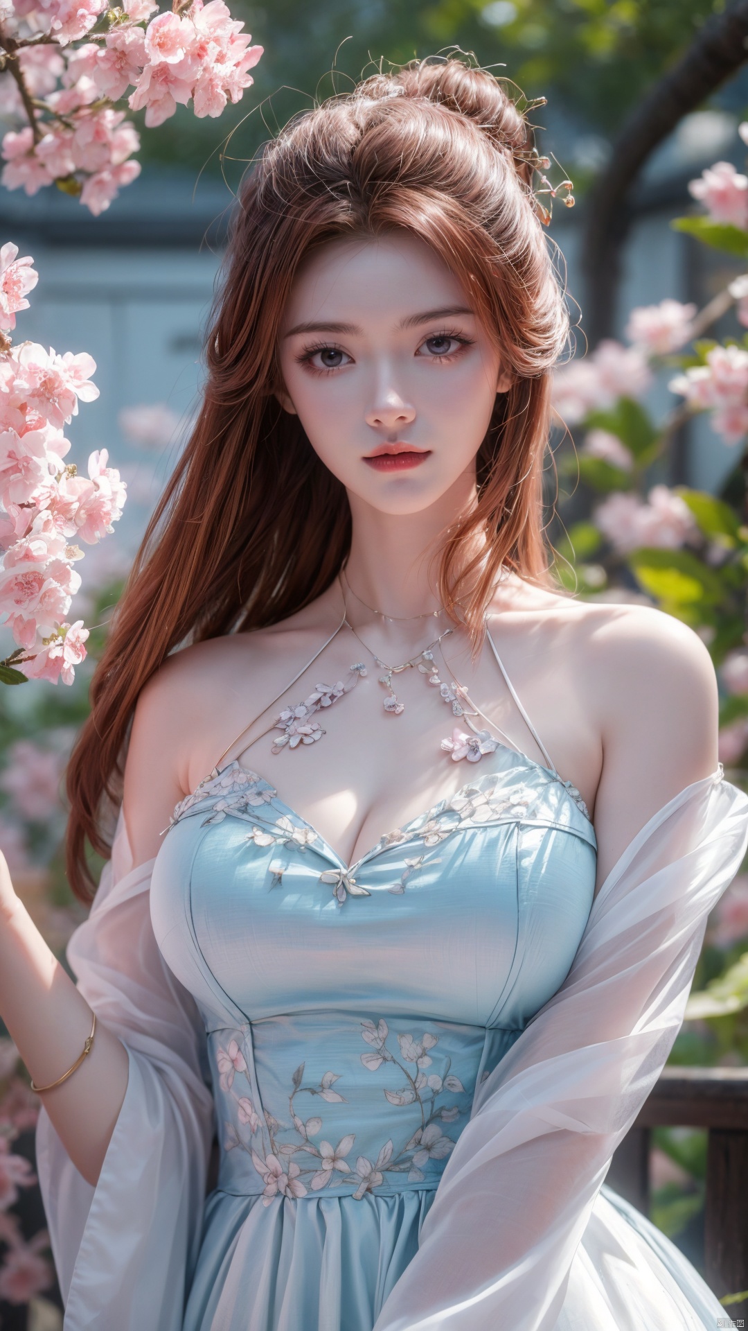 masterpiece,(best quality),upper_body,,exploring cherry blossom branches,wonderland,light blue element, sly,Xsulingyun,(big breasts:1.29), traditional chinese ink painting,1girl