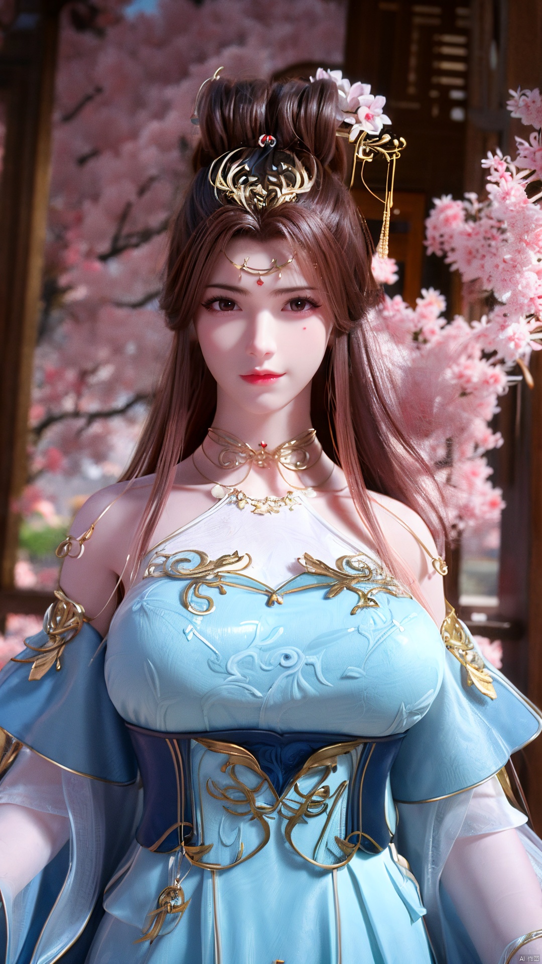 masterpiece,(best quality),upper_body,,exploring cherry blossom branches,wonderland,light blue element, sly,Xsulingyun,(big breasts:1.29), traditional chinese ink painting,1girl