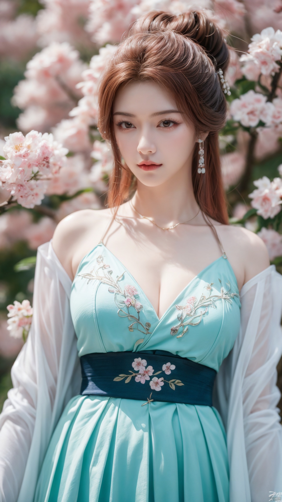 masterpiece,(best quality),upper_body,,exploring cherry blossom branches,wonderland,light blue element, sly,Xsulingyun,(big breasts:1.29), traditional chinese ink painting,1girl