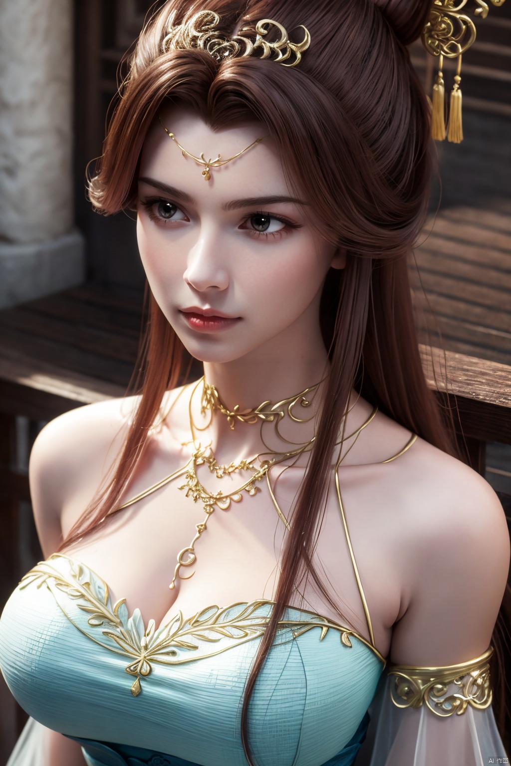 masterpiece,(best quality),official art,extremely detailed cg 8k wallpaper,(extremely delicate and beautiful),solo,realistic,photo_\(medium\),head rest,1girl,chinese clothes,gown,bare shoulders,metal collar,chain,solo,brown hair,long hair,gown,jewelry,bracelet,detached sleeves,hair ornament,see-through,,Xsulingyun,(big breasts:1.23)