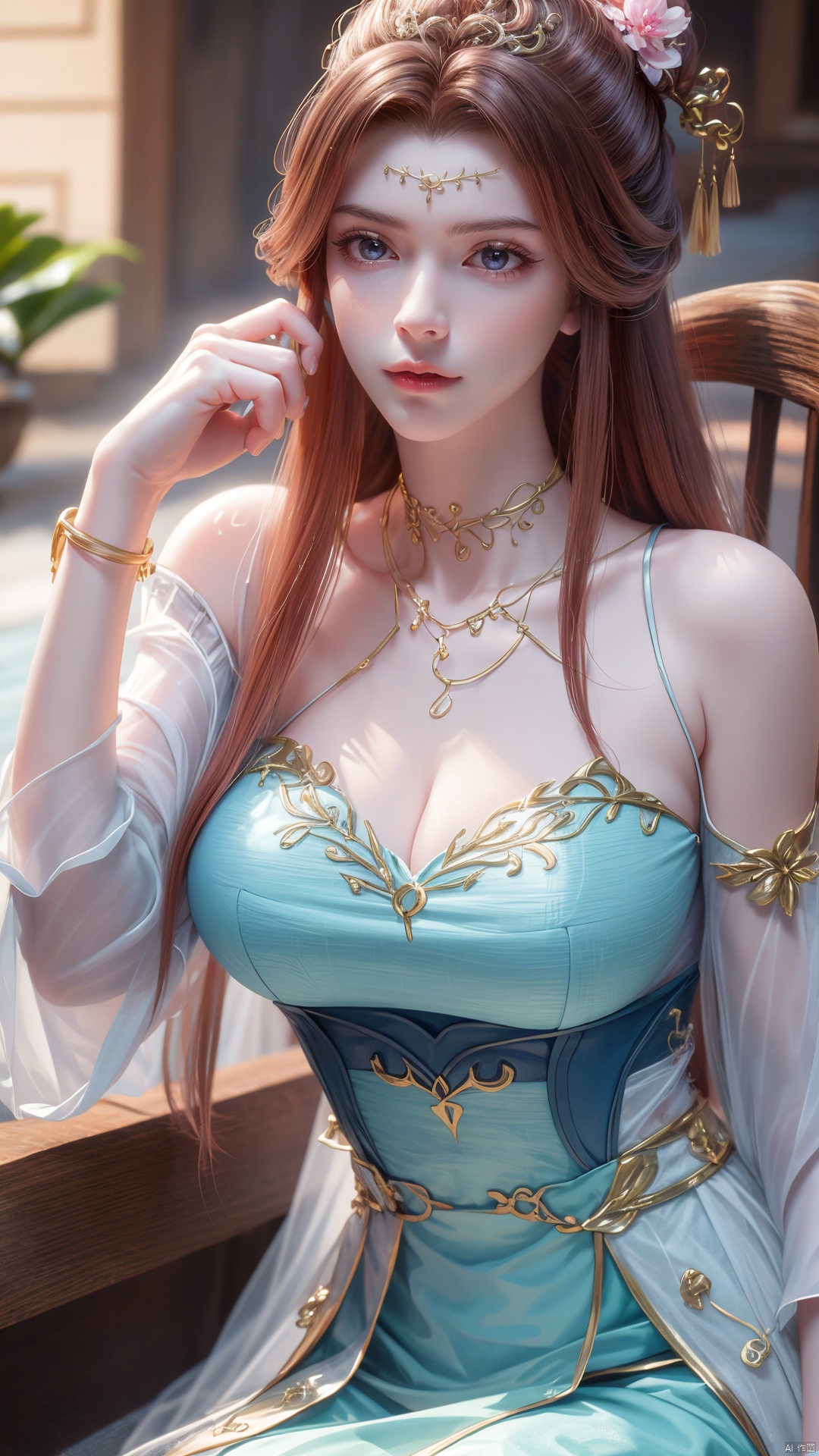 masterpiece,(best quality),official art,extremely detailed cg 8k wallpaper,(extremely delicate and beautiful),solo,realistic,photo_\(medium\),head rest,1girl,chinese clothes,gown,bare shoulders,metal collar,chain,solo,brown hair,long hair,gown,jewelry,bracelet,detached sleeves,hair ornament,see-through,,Xsulingyun,(big breasts:1.23),Xningyudie,X-Hydrangea, Water_butterfly, ty-hd