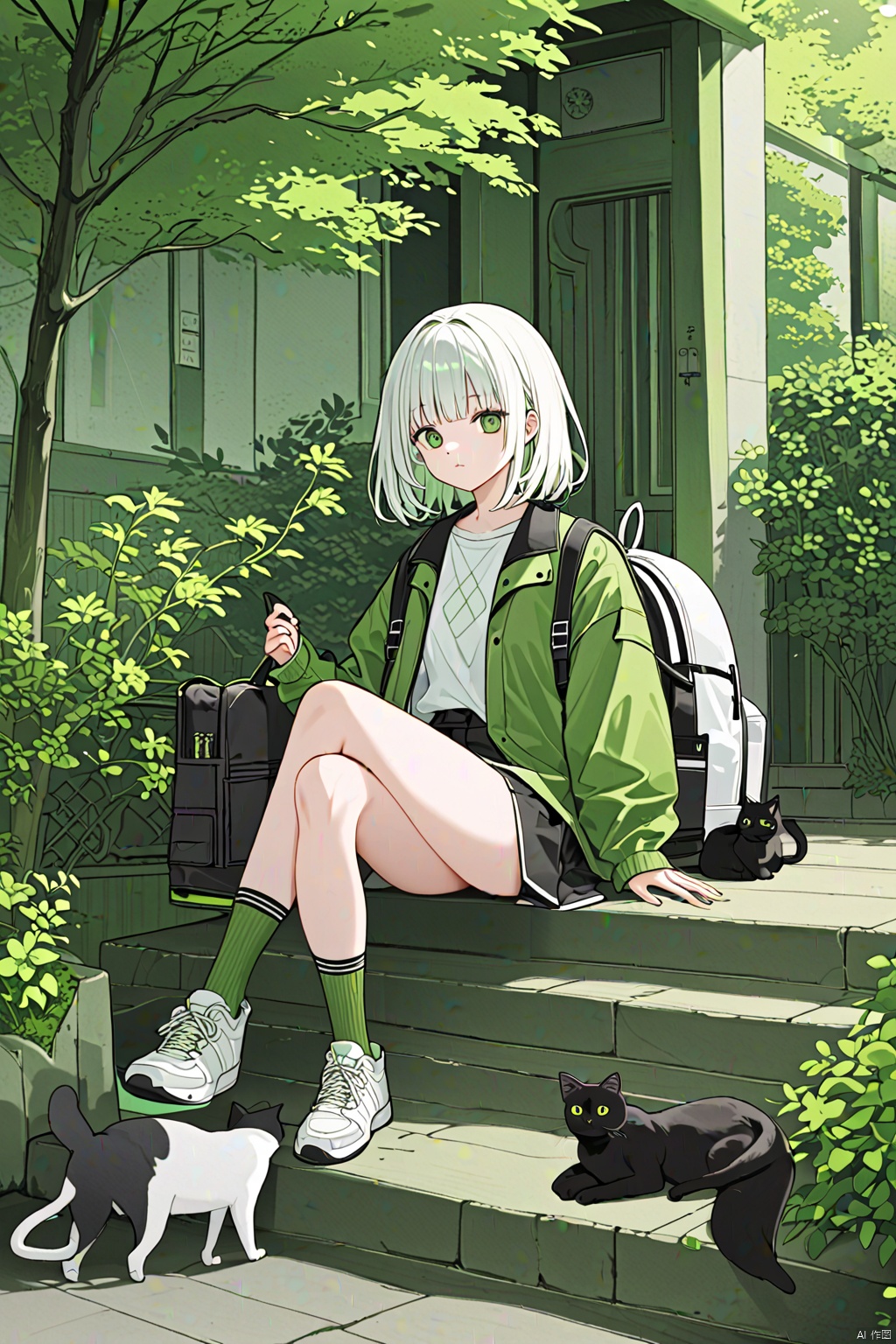 1girl, cat, green eyes, black cat, shoes, white hair, backpack, socks, looking at viewer, jacket, solo, sitting, sneakers, bag, bangs, green jacket, medium hair, animal, green theme, crossed legs, green socks, shirt