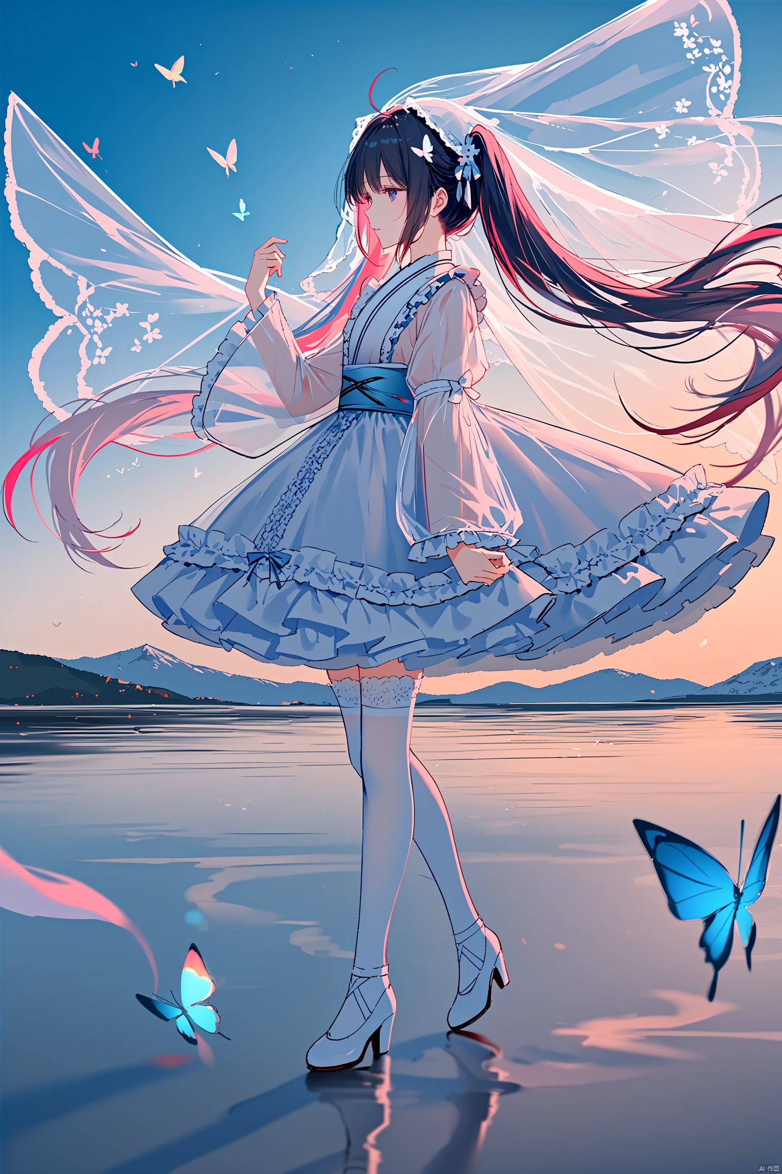 (masterpiece), (best quality), illustration, ultra detailed, hdr, depth of field, (colorful),[wlop],[[sheya]],hiten_(hitenkei), dynamic angle, lolita dress, see through, multi layered dress, bangs, ahoge, from side, very long hair, multi_colored hair, kimono,, long sleeves, twintails, masterpiece, best quality, blurry background, depth of field, iceflake, onnk, butterfly, white thighhighs, frilled thighhighs, see through, veil,