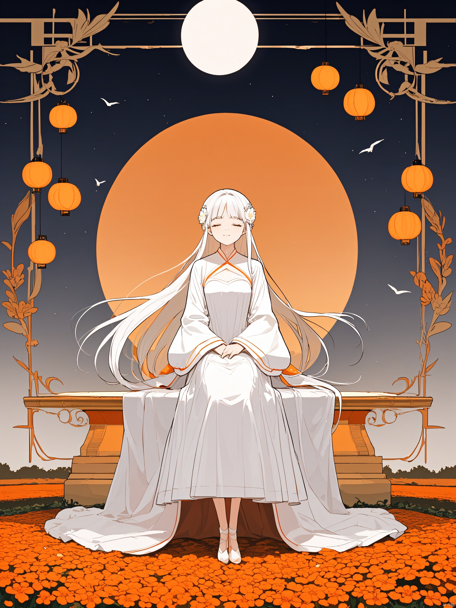 1masterpiece, best quality, ,1girl,solo,sitting,lolong hair,1girl,solo,white hair,moon,very long hair,flower,tree,long sleeves,standing,closed eyes,floating hair,bangs,a beautiful girl with long white hair and a white dress,standing in a field of orange flowers,she is surrounded by orange lanterns and birds,and there is a full moon in the background,the overall color scheme is warm and vibrant,with a focus on shades of orange and white,line art,line style,, masterpiece,best quality   ,  good structure,good composition,good atomy  ,   clear, original,beautiful  ,