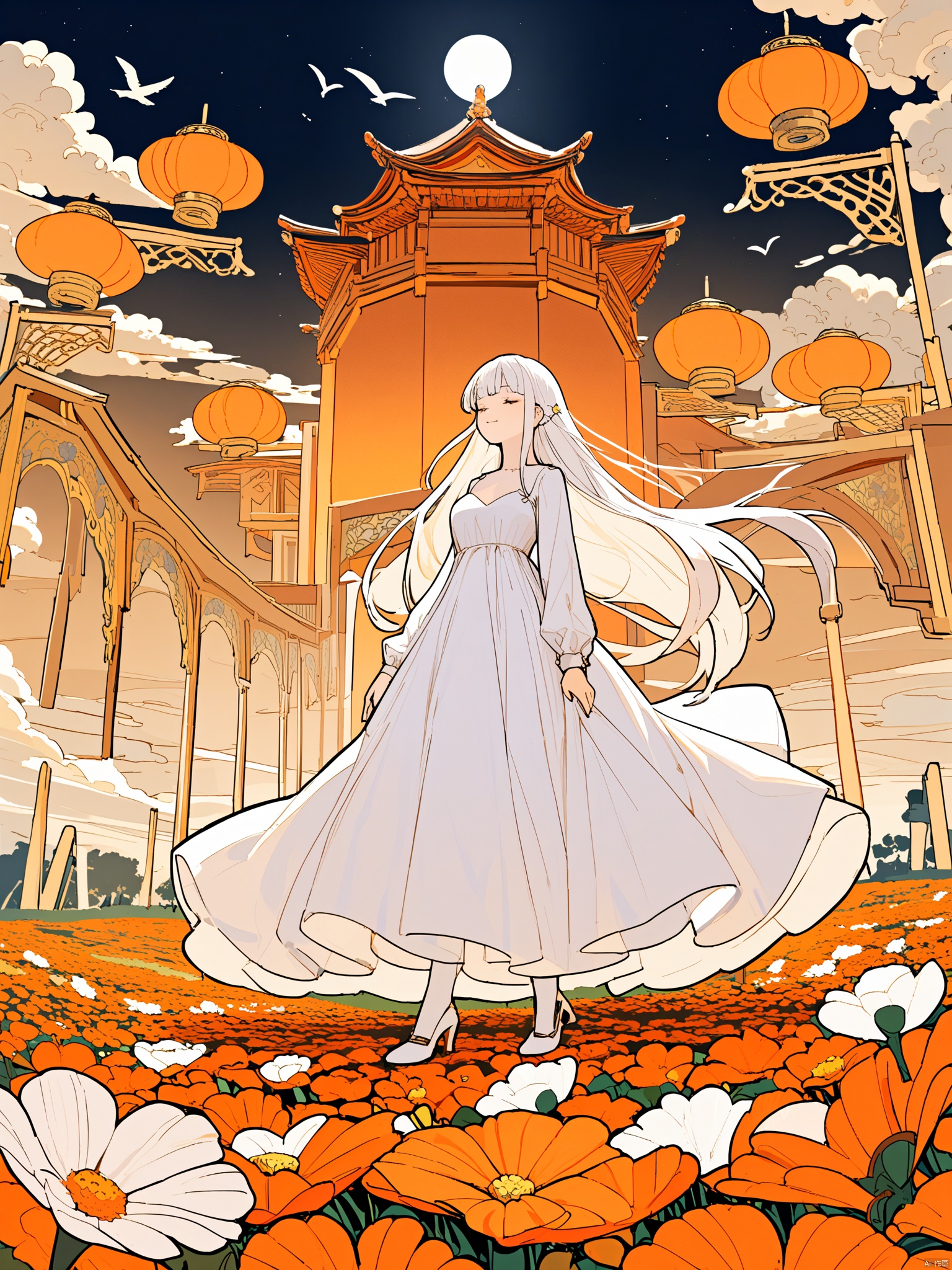 1masterpiece, best quality, ,1girl,solo,sitting,lolong hair,1girl,solo,white hair,moon,very long hair,flower,tree,long sleeves,standing,closed eyes,floating hair,bangs,a beautiful girl with long white hair and a white dress,standing in a field of orange flowers,she is surrounded by orange lanterns and birds,and there is a full moon in the background,the overall color scheme is warm and vibrant,with a focus on shades of orange and white,line art,line style,, masterpiece,best quality   ,  good structure,good composition,good atomy  ,   clear, original,beautiful  ,