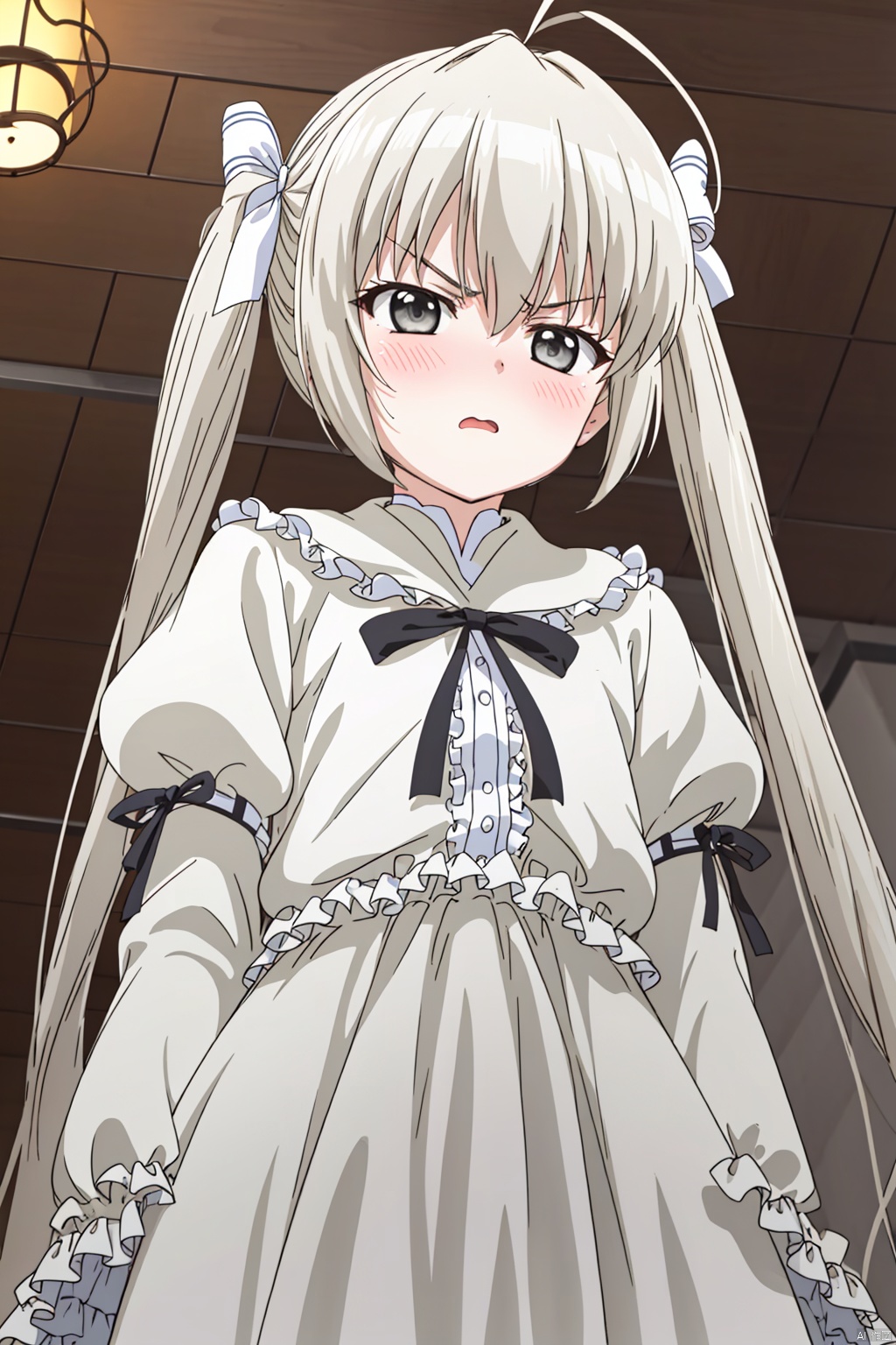 1girl solo long hair , dress bow ribbon twintails upper body white hair frills indoors white dress grey eyes from below antenna hair anime coloring kasugano sora,angry, blushing