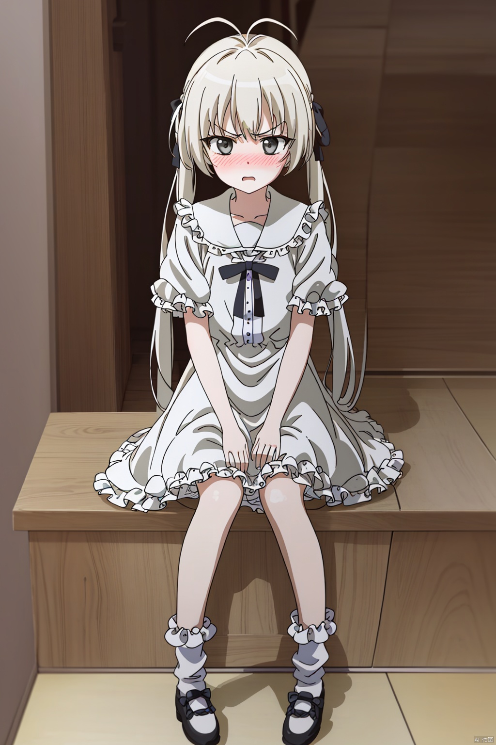1girl, solo ,long hair , dress ,bow ribbon ,twintails,  white hair frills ,indoors ,white dress, grey eyes,antenna hair, anime coloring, kasugano sora,angry, blushing,full_body,long legs,frills loose socks,college shoes,sitting, 