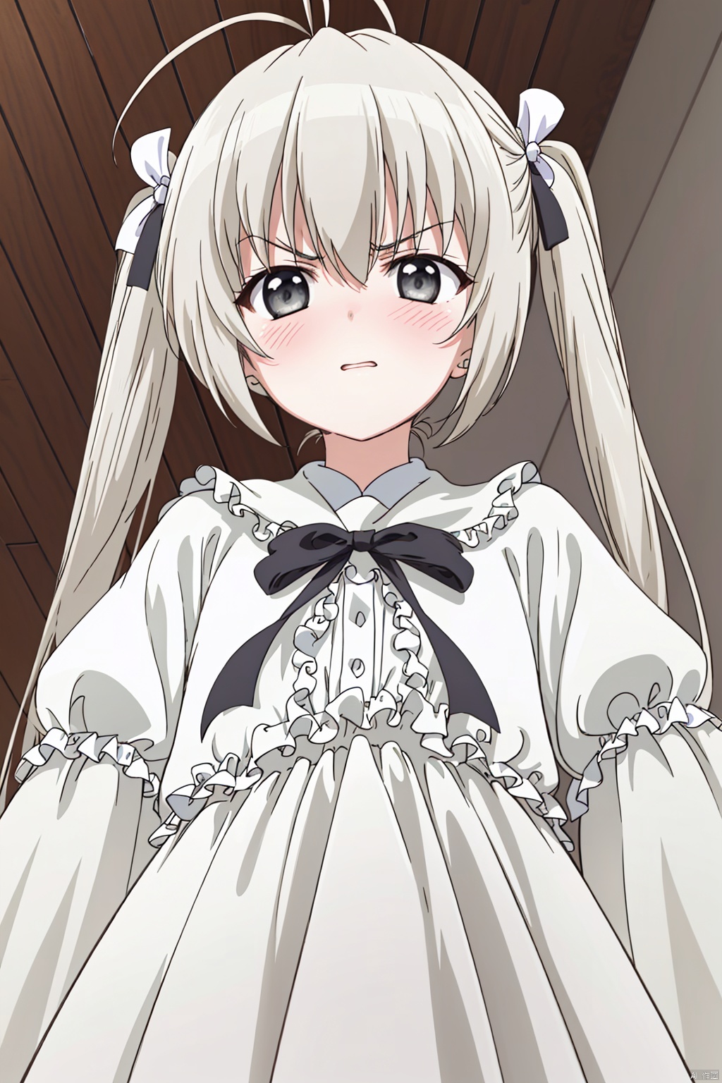 1girl solo long hair looking at viewer  , dress bow ribbon twintails upper body white hair frills indoors white dress grey eyes from below antenna hair anime coloring kasugano sora,Angry, blushing