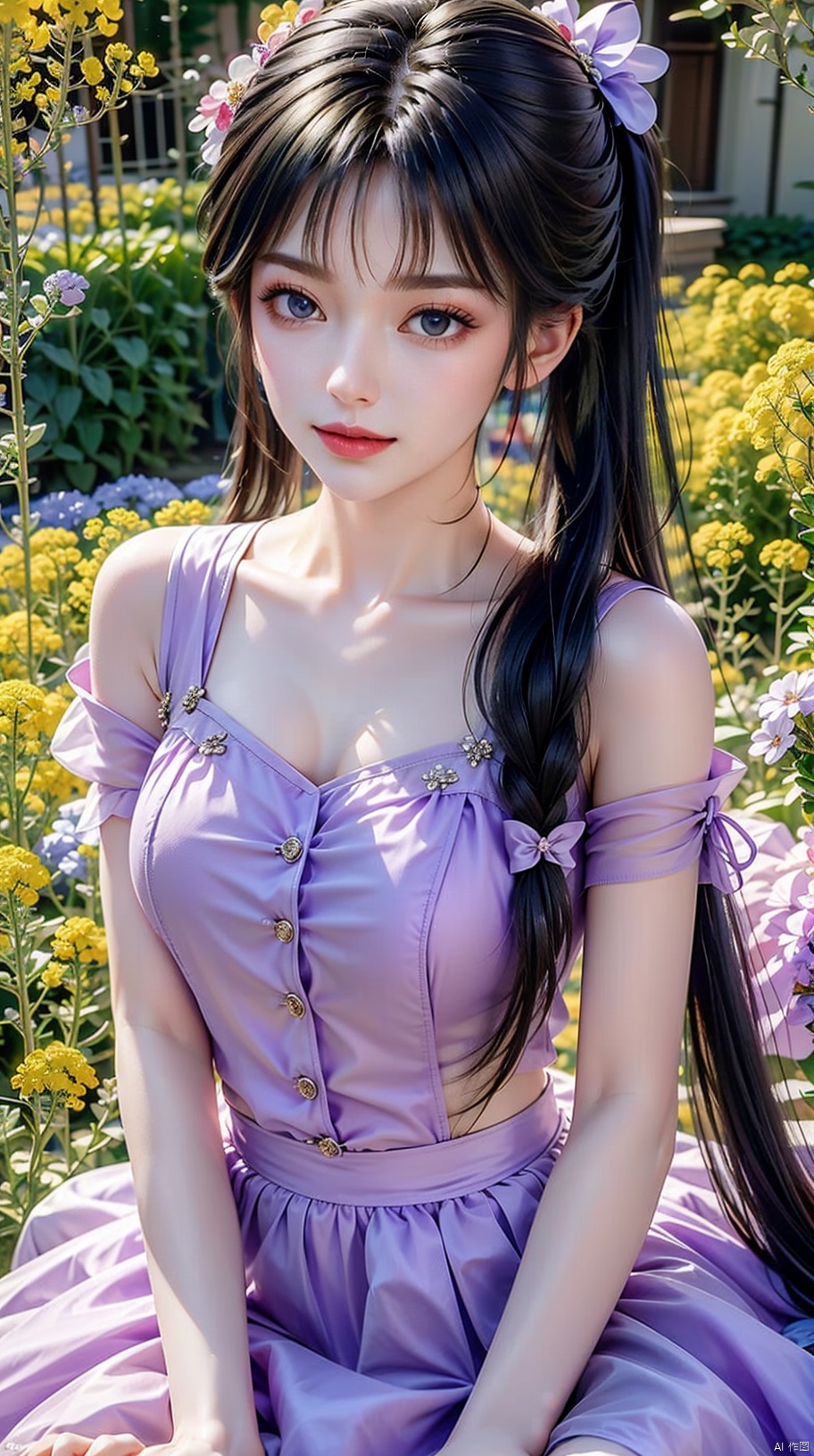 High definition image quality, a girl, a beautiful girl, double ponytail hairstyle (black long hair: 1.5), double ponytail long hair, exquisite bow hair accessories, (wearing a purple gauze skirt: 1.2), purple gauze skirt, princess skirt, breasts, cleavage, collarbone, large chest, rapeseed flower background, dreamy.
