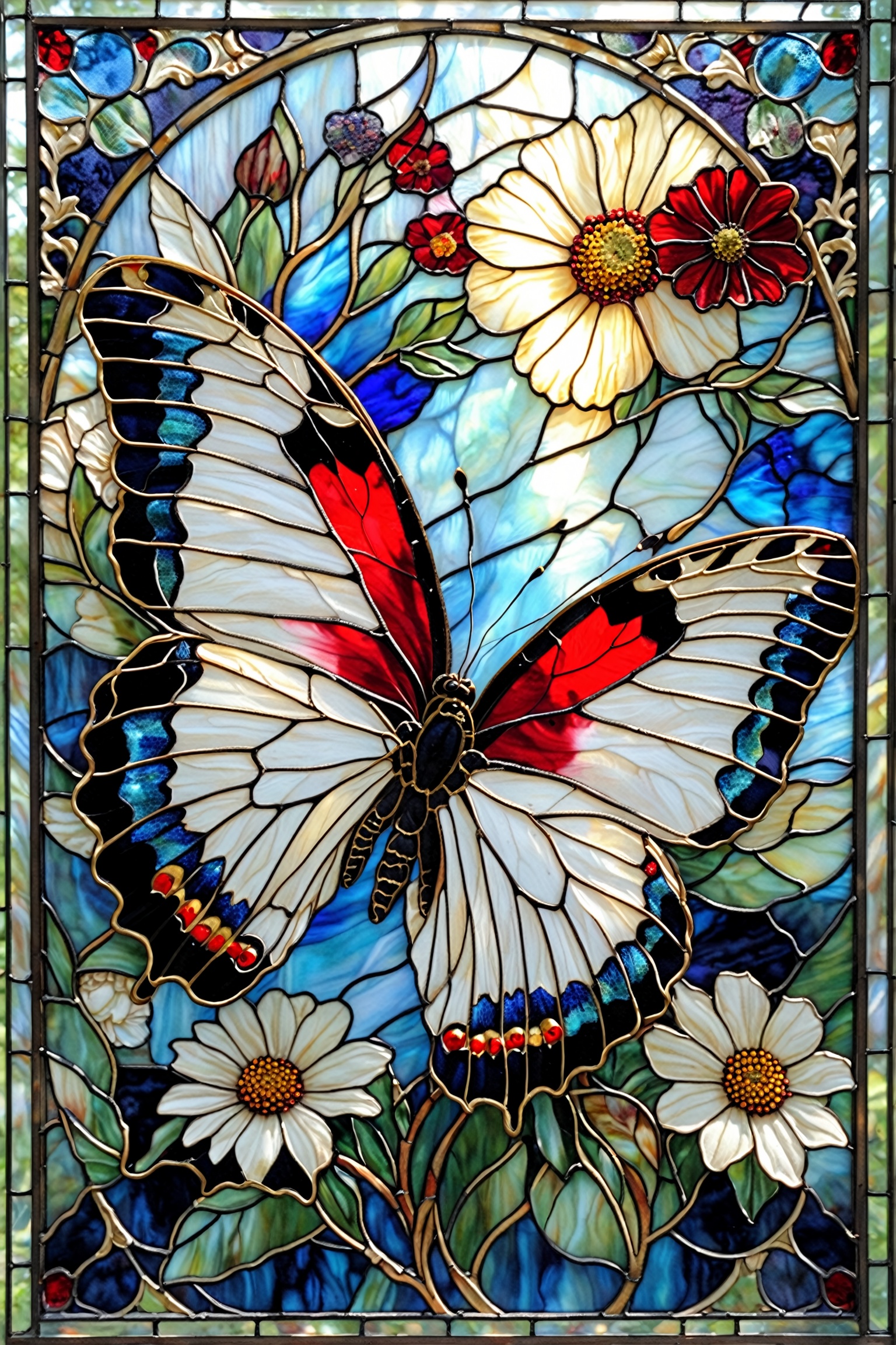 A stunning stained-glass artwork. At its center,  a vibrant butterfly with intricate patterns in white,  red on Tensor.Art