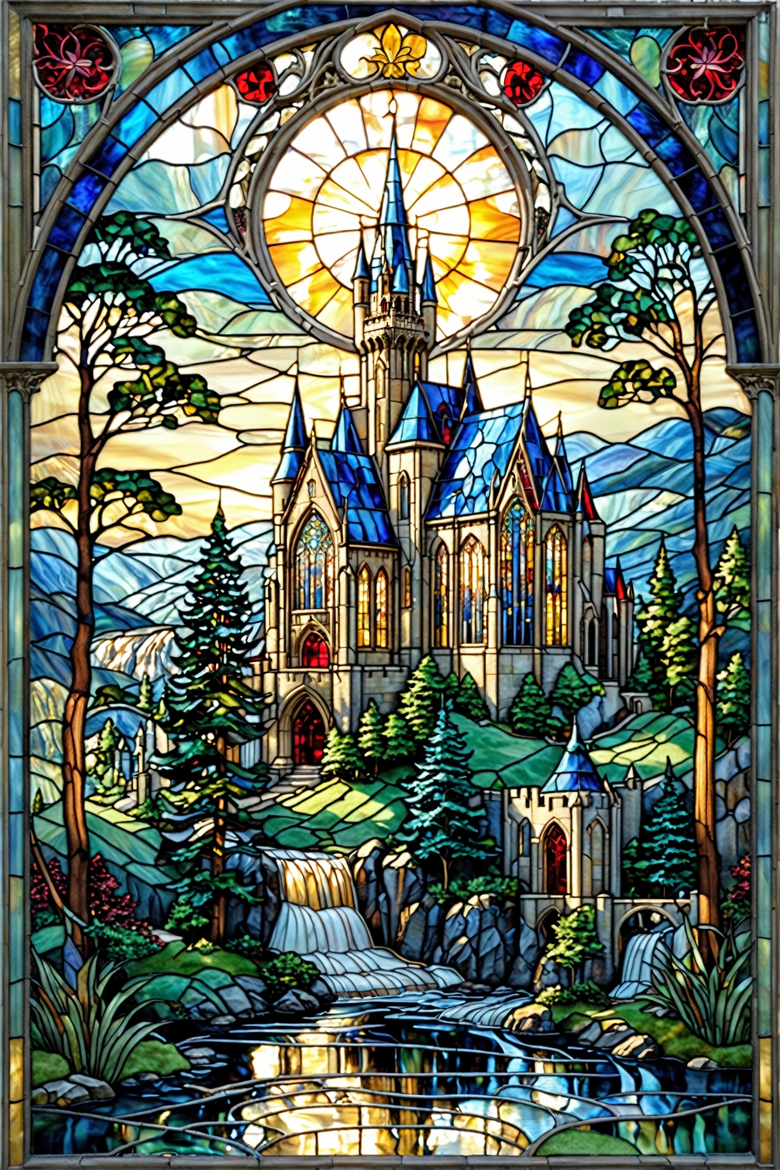 A stunning stained glass artwork of a majestic castle or cathedral situated amidst a serene landscape. The castle features...
