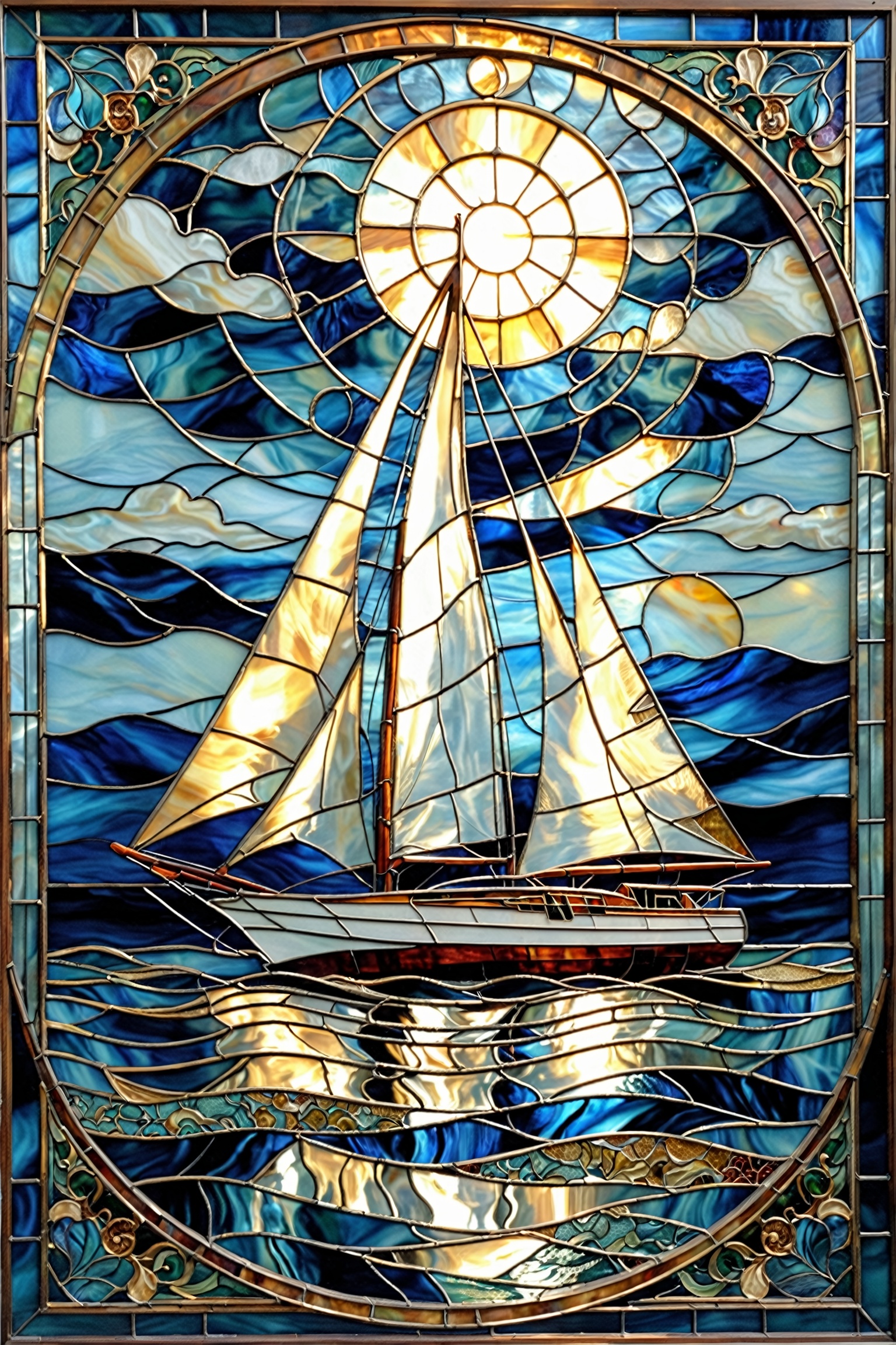 A stunning stained glass artwork. At its center,  there's a sailboat with intricately designed sails,  set against a deep...