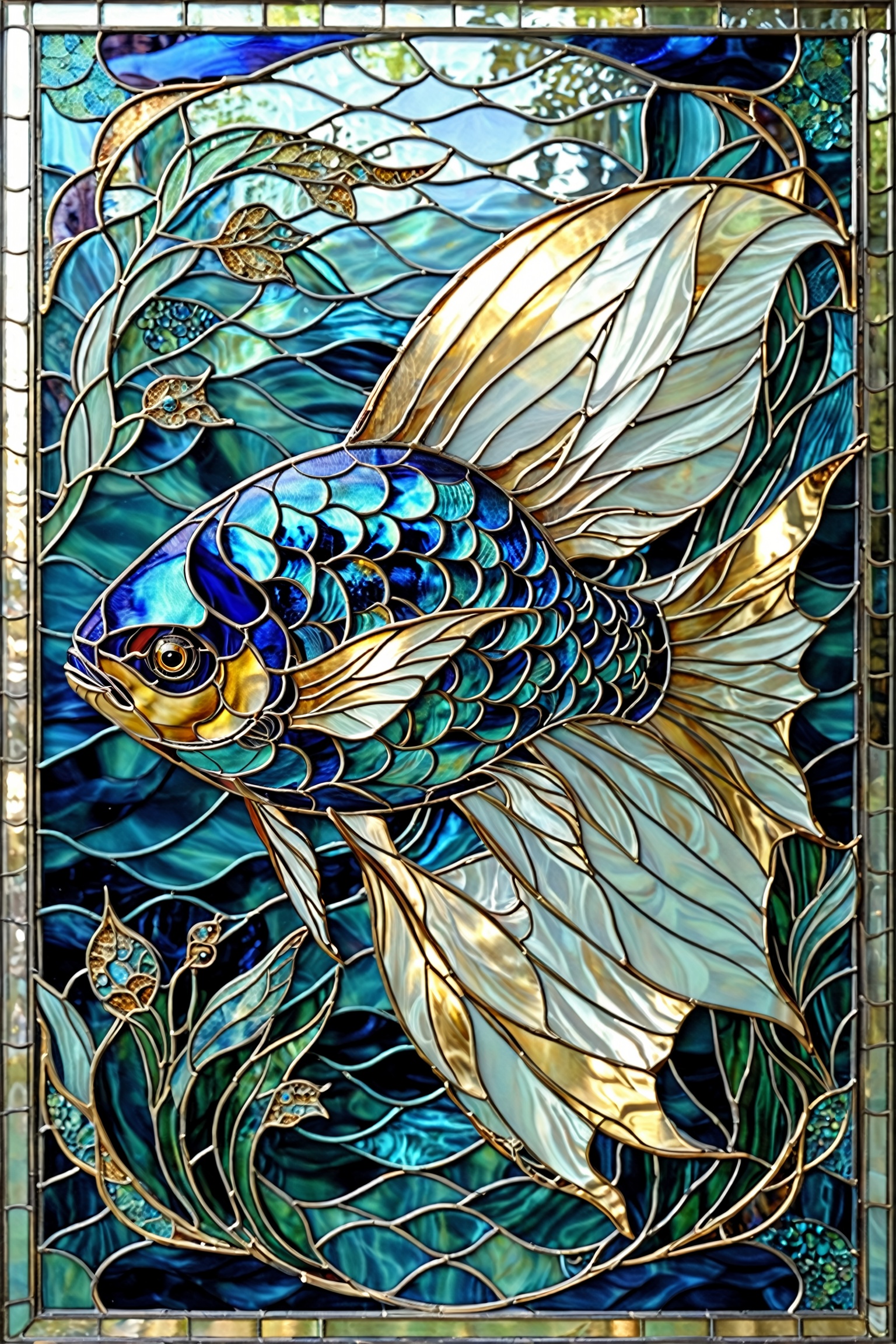 A stunningly detailed stained-glass artwork of a fish. The fish,  with its vibrant blue and gold scales,  swims gracefully...