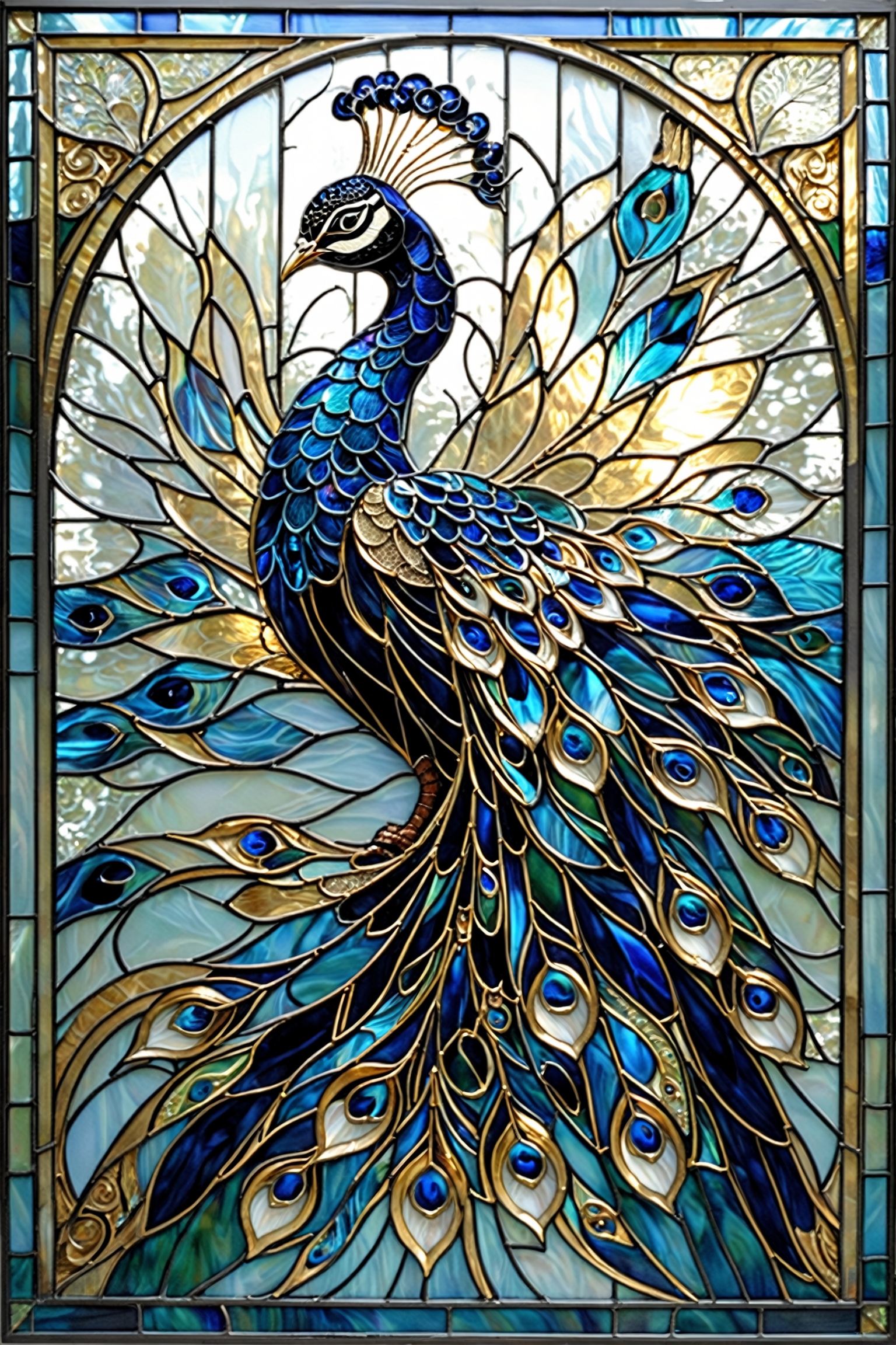 A stunning stained glass artwork of a peacock. The peacock,  with its majestic tail feathers,  is intricately designed wit...