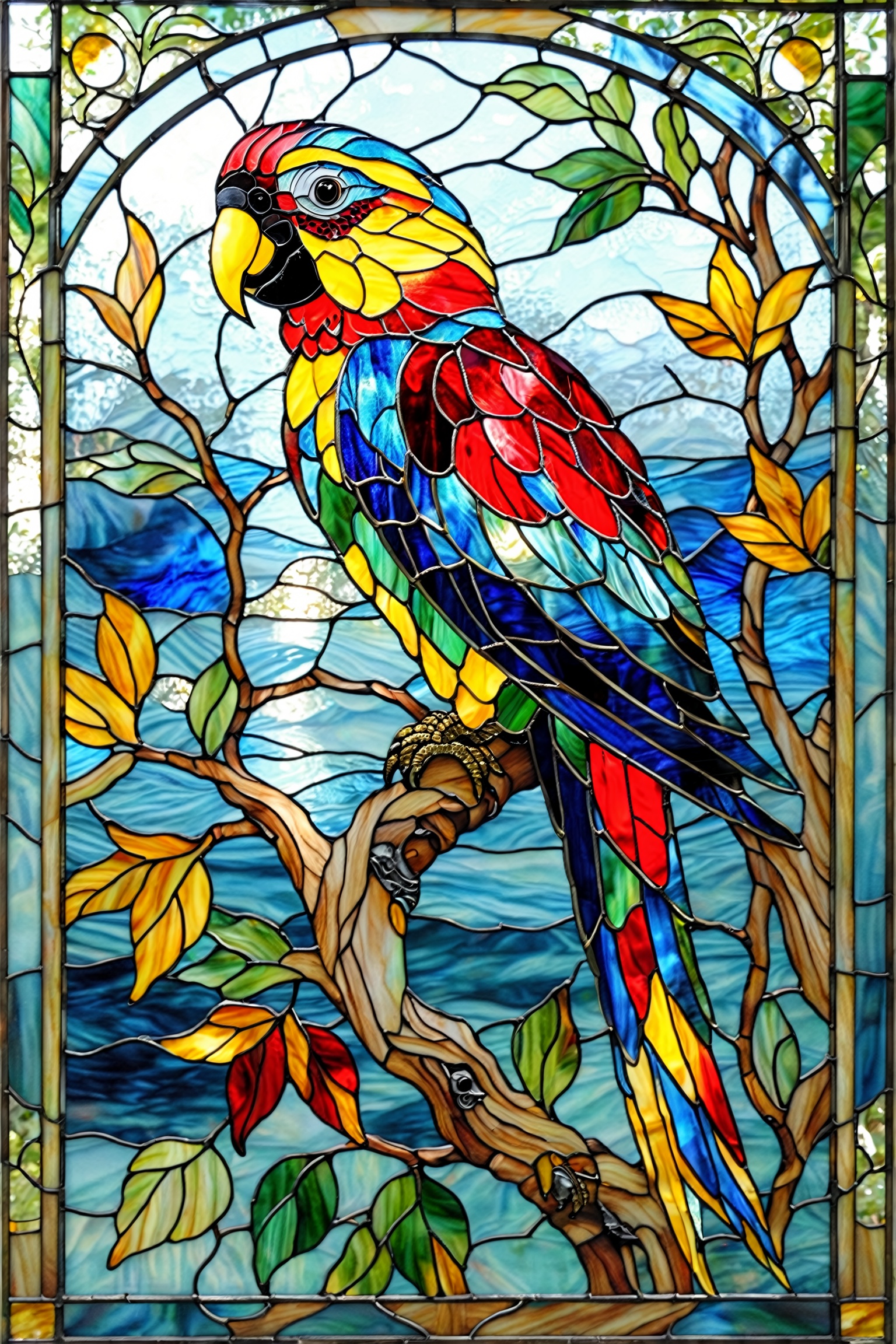 A vibrant stained-glass artwork of a parrot. The parrot is intricately designed with a myriad of colors,  including blues,...