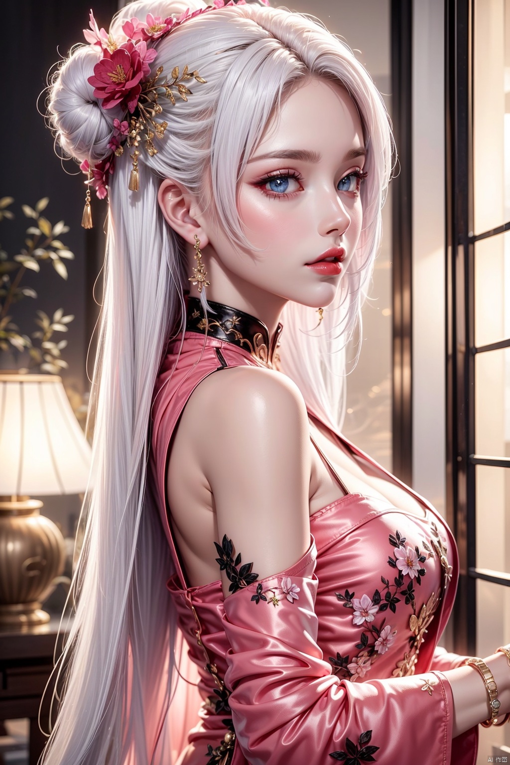 1girl, jewelry, earrings, solo, long hair, white hair, hair ornament, dress, blue eyes, upper body, pink dress, chinese clothes, blurry background, bracelet, blurry, long sleeves, indoors, flower, red lips, breasts, window, hair flower, hair bun, from side, lips, parted lips,天狐