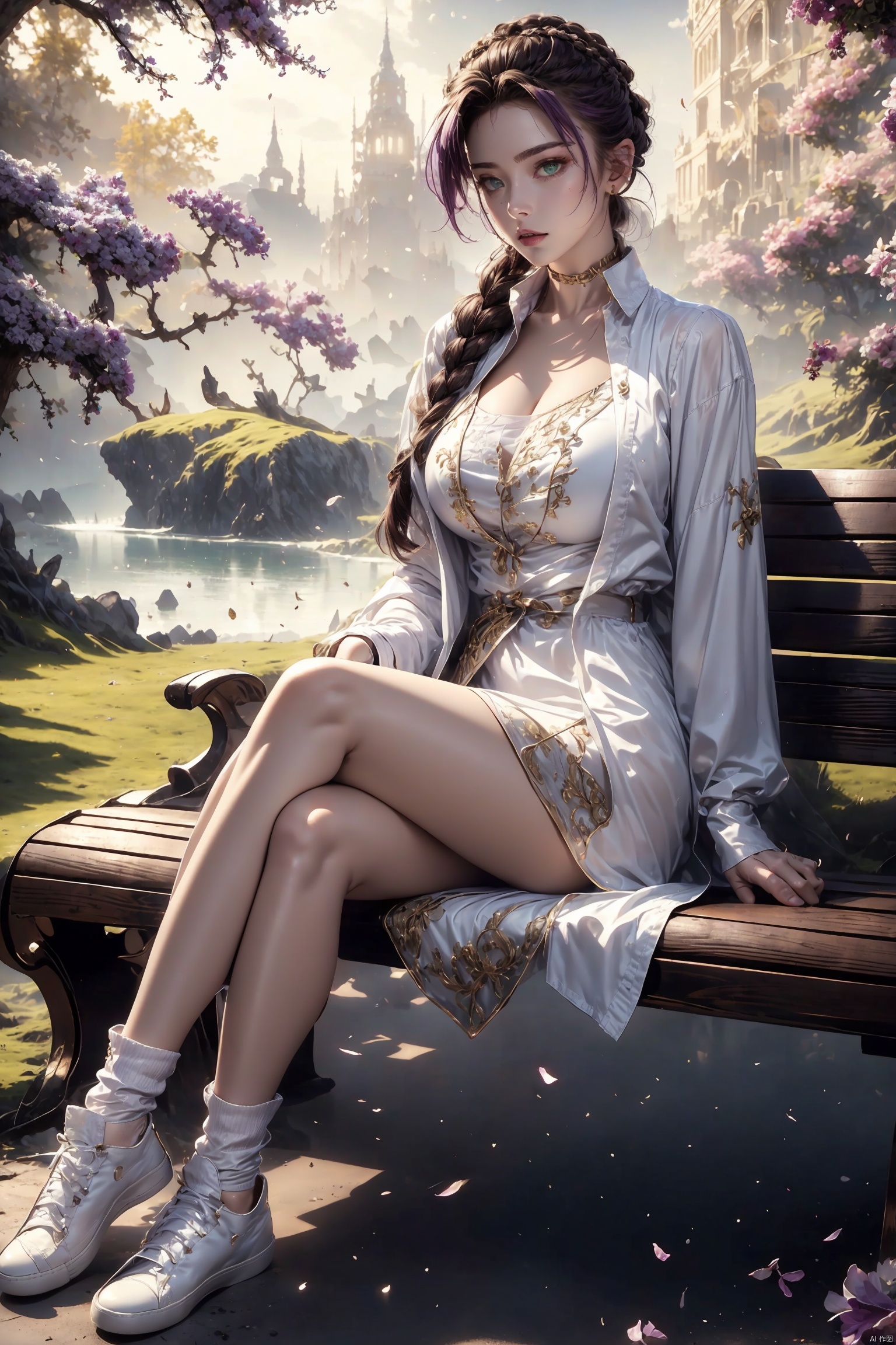  masterpiece,best quality,extremely high detailed,intricate,8k,HDR,wallpaper,cinematic lighting,(universe:1.4),Huge chest, cleavage,purple hair,green_eyes,1girl, solo, long hair, brown hair, shirt, long sleeves, bow, sitting, full body, white shirt, braid, outdoors, shoes, day, socks, bag, twin braids, sunglasses, white footwear, crossed legs, sneakers, cigarette, realistic, smoking, bench, photo background