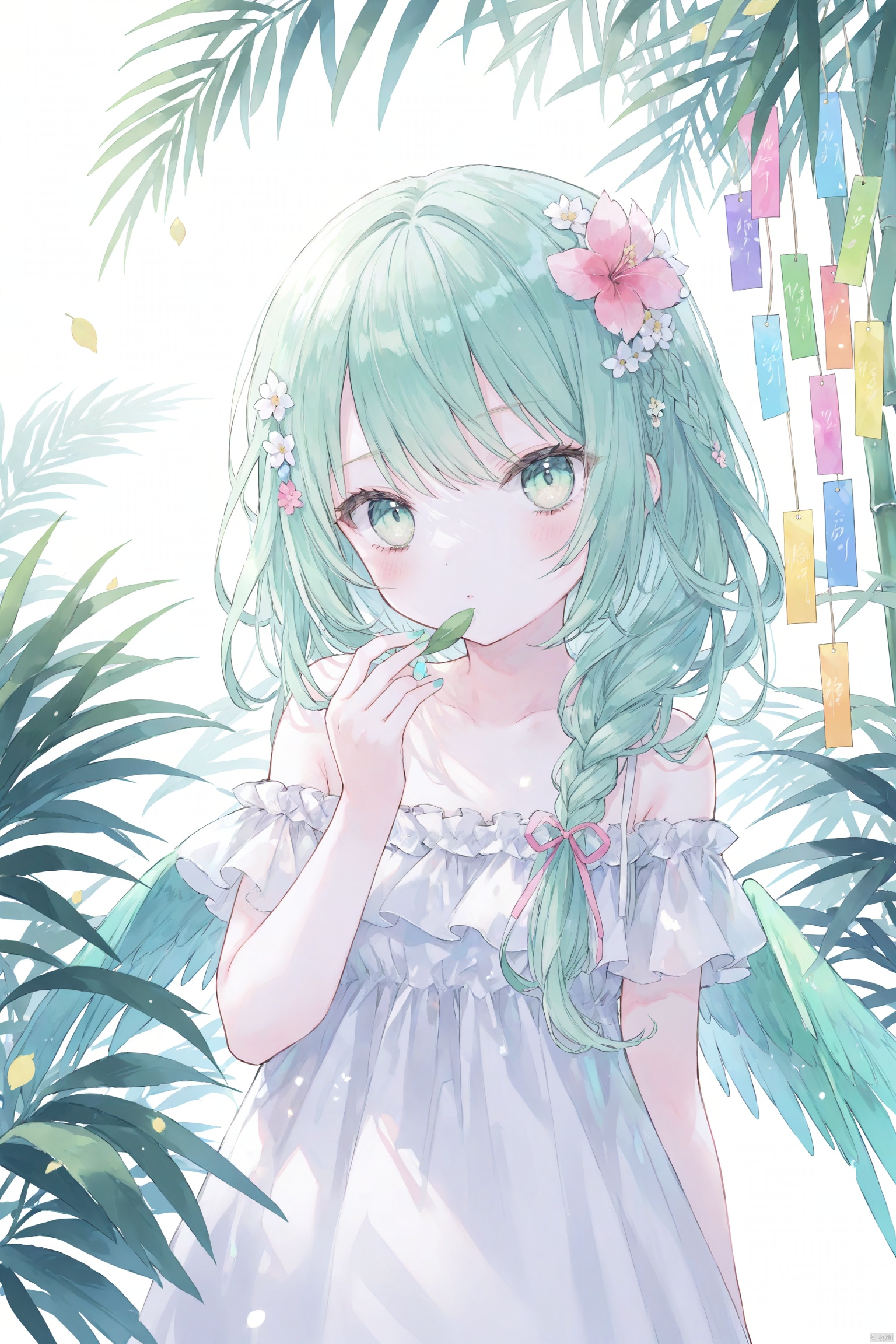 artist:nanoneko,loli,1girl, solo, best quality, vivid color, white background, leaf background, upper body, looking at viewer, blush, tanzaku, tanabata, long hair, braid, hair flower, hair over shoulder, bangs, white dress, bare shoulders, off shoulder, nail polish, green wings, feathered wings, hand up, palm tree, palm leaf, potted plant, bamboo, branch