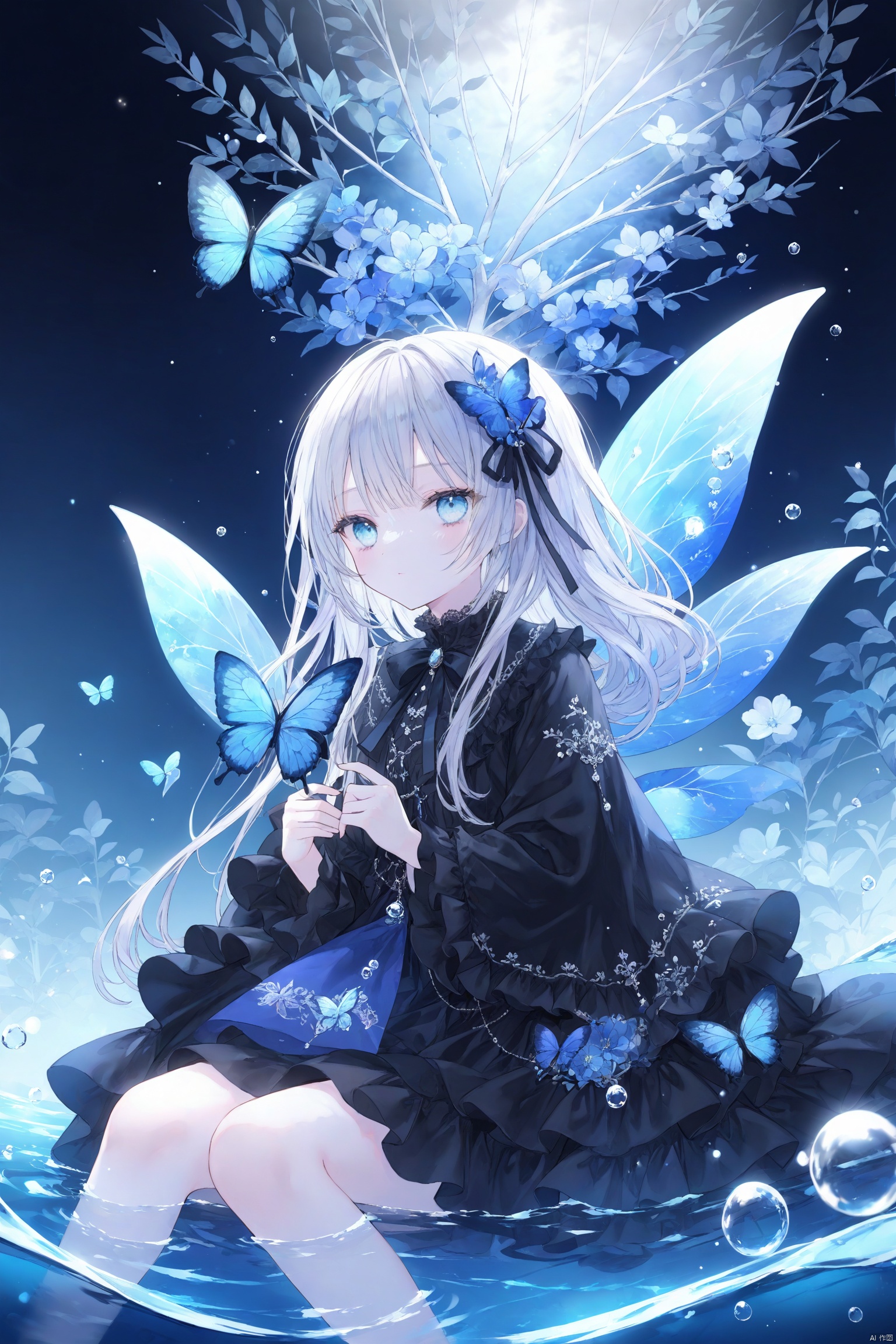 artist:nanoneko,(masterpiece), (best quality), illustration, ultra detailed, hdr, depth of field, (colorful),this is a masterpiece that exudes exceptional quality. the illustration is ultra-detailed, utilizing hdr technology to create a sense of depth. the subject matter is an original, delicate, and beautiful artwork, vibrant with color and filled with fantastical elements. the girl is sitting by a deep sea, surrounded by flowing water, with a dull blue world tree in the background, situated in a cemetery. the serene and dreamy atmosphere gives the entire scene a soulful and enchanting quality. her pale complexion, azure blue eyes that glow, and silver hair adorned with flowers create a captivating portrait. she wears a lolita-inspired fashion, expressionless with her mouth closed. the backgrounds range from white, transparent, circular options, and there are also flying translucent blue butterflies that add a sense of liveliness to the piece.