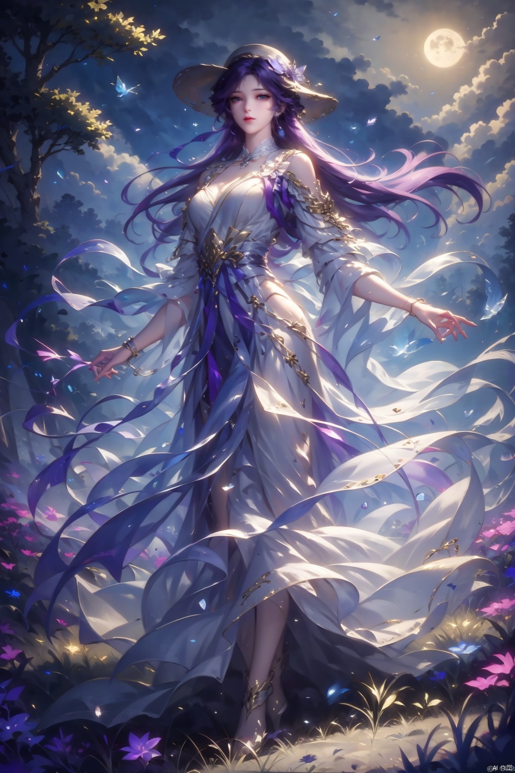 yunxi,1girl,solo,long hair,purple hair, purple dress, hair ,jewelry,standing,full body,,necklace,high heels,looking to the side,sun hat,realistic,straw hat,pearl necklace,outdoors,looking at viewer,
masterpiece,best quality,official art,unity 8k wallpaper,brilliant colors,exaggerated art, youcai, purple hair, yunxi