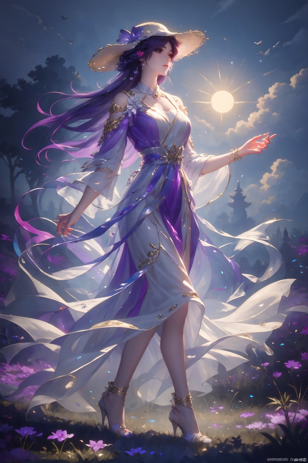 yunxi,1girl,solo,long hair,purple hair, purple dress, hair ,jewelry,standing,full body,,necklace,high heels,looking to the side,sun hat,realistic,straw hat,pearl necklace,outdoors,looking at viewer,
masterpiece,best quality,official art,unity 8k wallpaper,brilliant colors,exaggerated art, youcai, purple hair, yunxi