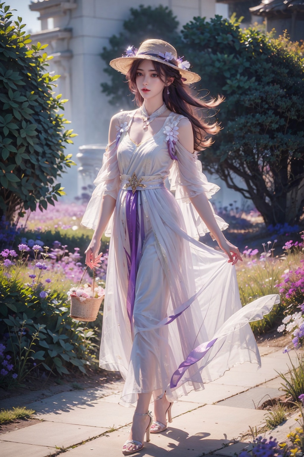 yunxi,1girl,solo,long hair,purple hair, purple dress, hair ,jewelry,standing,full body,,necklace,high heels,looking to the side,sun hat,realistic,straw hat,pearl necklace,outdoors,looking at viewer,
masterpiece,best quality,official art,unity 8k wallpaper,brilliant colors,exaggerated art, youcai, purple hair, yunxi