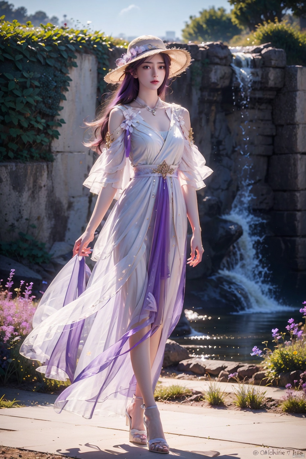 yunxi,1girl,solo,long hair,purple hair, purple dress, hair ,jewelry,standing,full body,,necklace,high heels,looking to the side,sun hat,realistic,straw hat,pearl necklace,outdoors,looking at viewer,
masterpiece,best quality,official art,unity 8k wallpaper,brilliant colors,exaggerated art, youcai, purple hair, yunxi