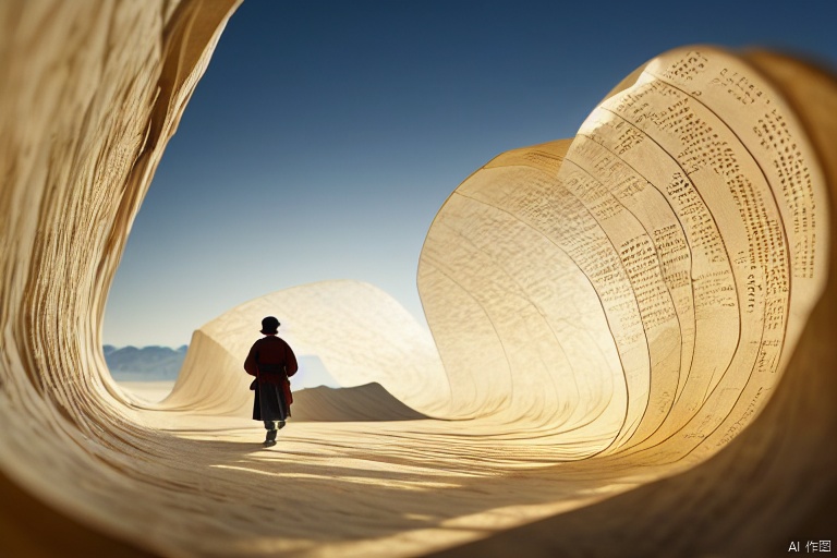 three-dimensional structure, ancient style, a tiny person walking inside a rice paper scroll, refracting sunlight, luminescence, geometric fine brushwork, song dynasty aesthetics, scroll ribbon painting, suzhou gardens, clean background, multi-layered paper-cut collage art, these shapes include various textures, like soft fabric or shiny metal. reflects light and creates the illusion of volume, with light reflections around the edges. glowing layered translucence, glowing gradient, minimalism, texture gradient background, kyanite, diffuse gradient, new chinese style, wu changshuo, zhao mengfu, chen jialing, wang ximeng, metallic acid design, by victor vasarely,, by esol lewitt, by james turrell, by olafur eliasson, by anish kapoor, by peter halley,yt