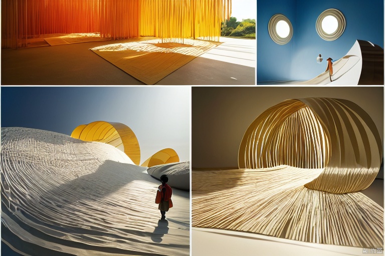 three-dimensional structure, ancient style, a tiny person walking inside a rice paper scroll, refracting sunlight, luminescence, geometric fine brushwork, song dynasty aesthetics, scroll ribbon painting, suzhou gardens, clean background, multi-layered paper-cut collage art, these shapes include various textures, like soft fabric or shiny metal. reflects light and creates the illusion of volume, with light reflections around the edges. glowing layered translucence, glowing gradient, minimalism, texture gradient background, kyanite, diffuse gradient, new chinese style, wu changshuo, zhao mengfu, chen jialing, wang ximeng, metallic acid design, by victor vasarely,, by esol lewitt, by james turrell, by olafur eliasson, by anish kapoor, by peter halley,yt