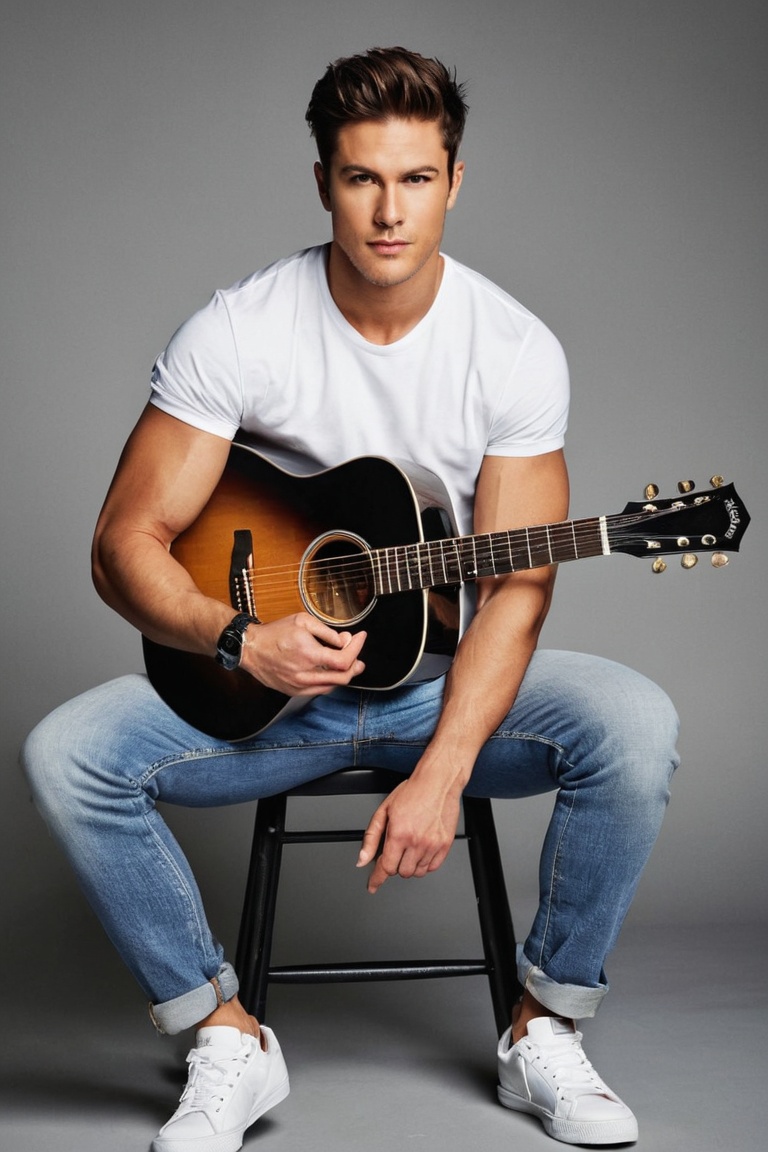 CreateArtWorks : Adam stands confidently in Music Studio,  wearing classic jeans and a crisp white T-shirt,  paired with s...