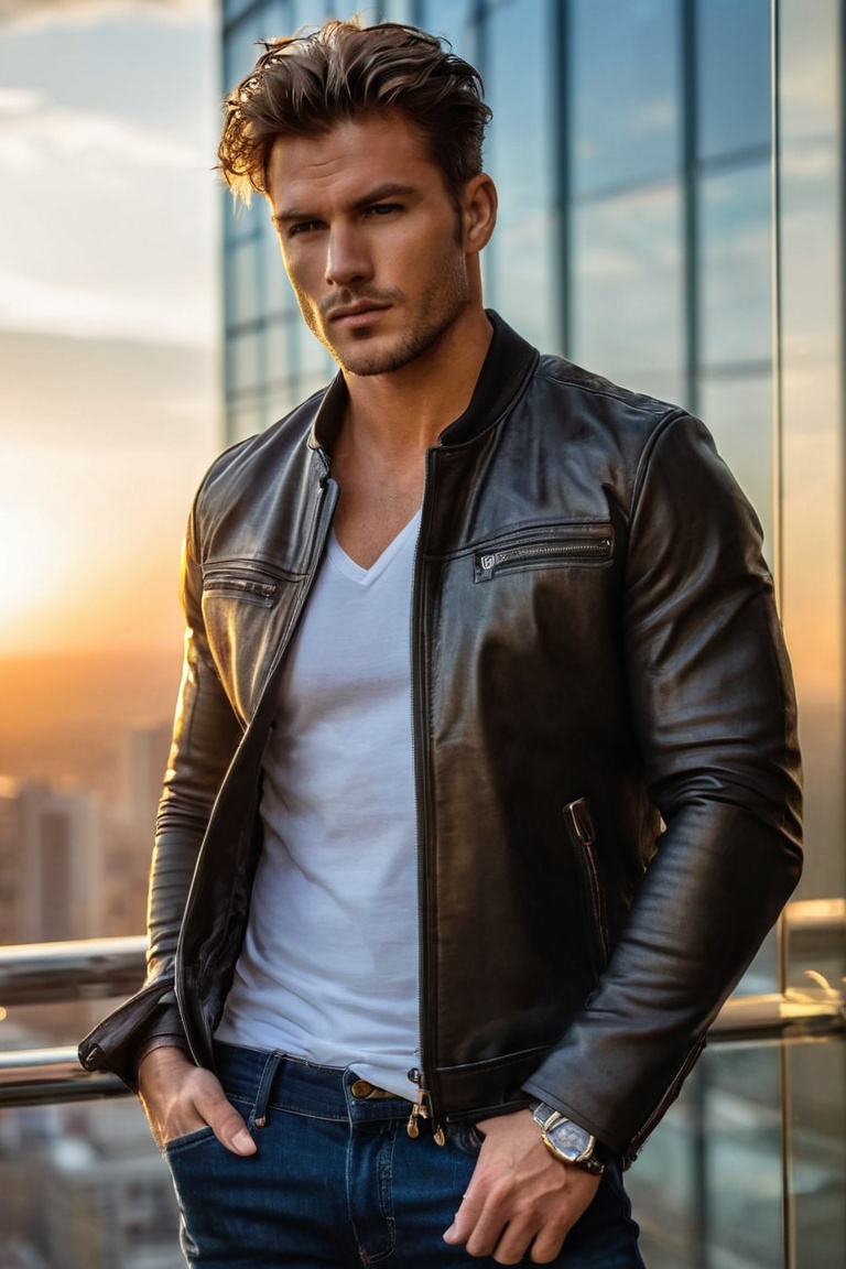Adam poses seductively against the glass facade of a modern skyscraper,  bathed in the warm tones of sunset. His rugged le...