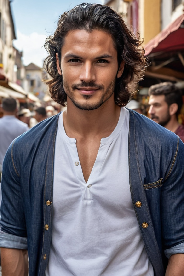 A majestic Adam stands forth against a tapestry of medieval market charm,  his resolute gaze radiating from amidst the vib...