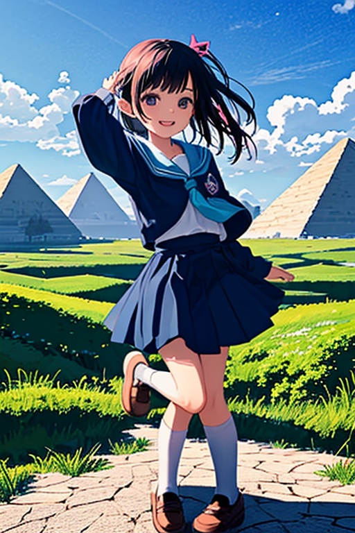 Create an image featuring a 6-year-old Japanese girl wearing a school uniform,  standing in front of the Egyptian pyramids...