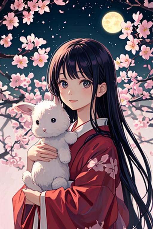 A photorealistic portrait of a 6-year-old Japanese girl wearing a traditional red furisode with cherry blossom patterns. T...