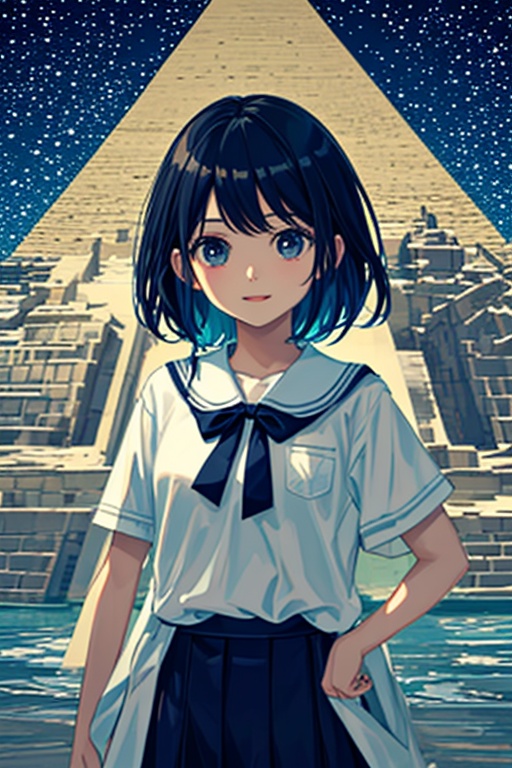 Create an image featuring a 6-year-old Japanese girl wearing a school uniform,  standing in front of the Egyptian pyramids...