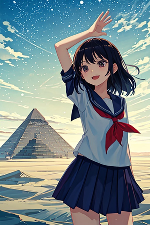 Create an image featuring a 6-year-old Japanese girl wearing a school uniform,  standing in front of the Egyptian pyramids...