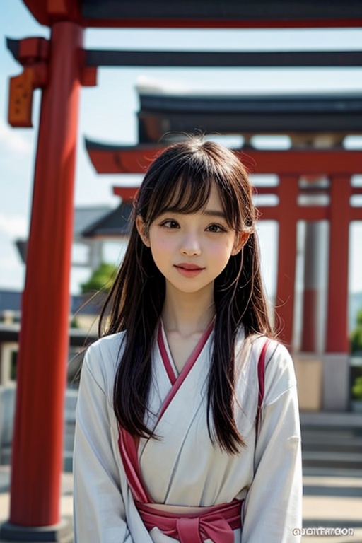 Create a whimsical illustration of a 6-year-old Japanese girl standing in front of a traditional torii gate,  commonly fou...