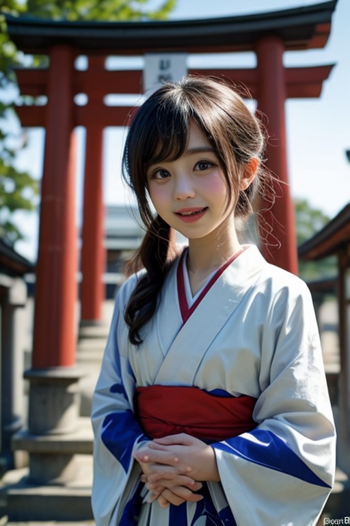 Create an image featuring a 6-year-old Japanese girl wearing a kimono,  standing in front of a traditional Shinto shrine g...