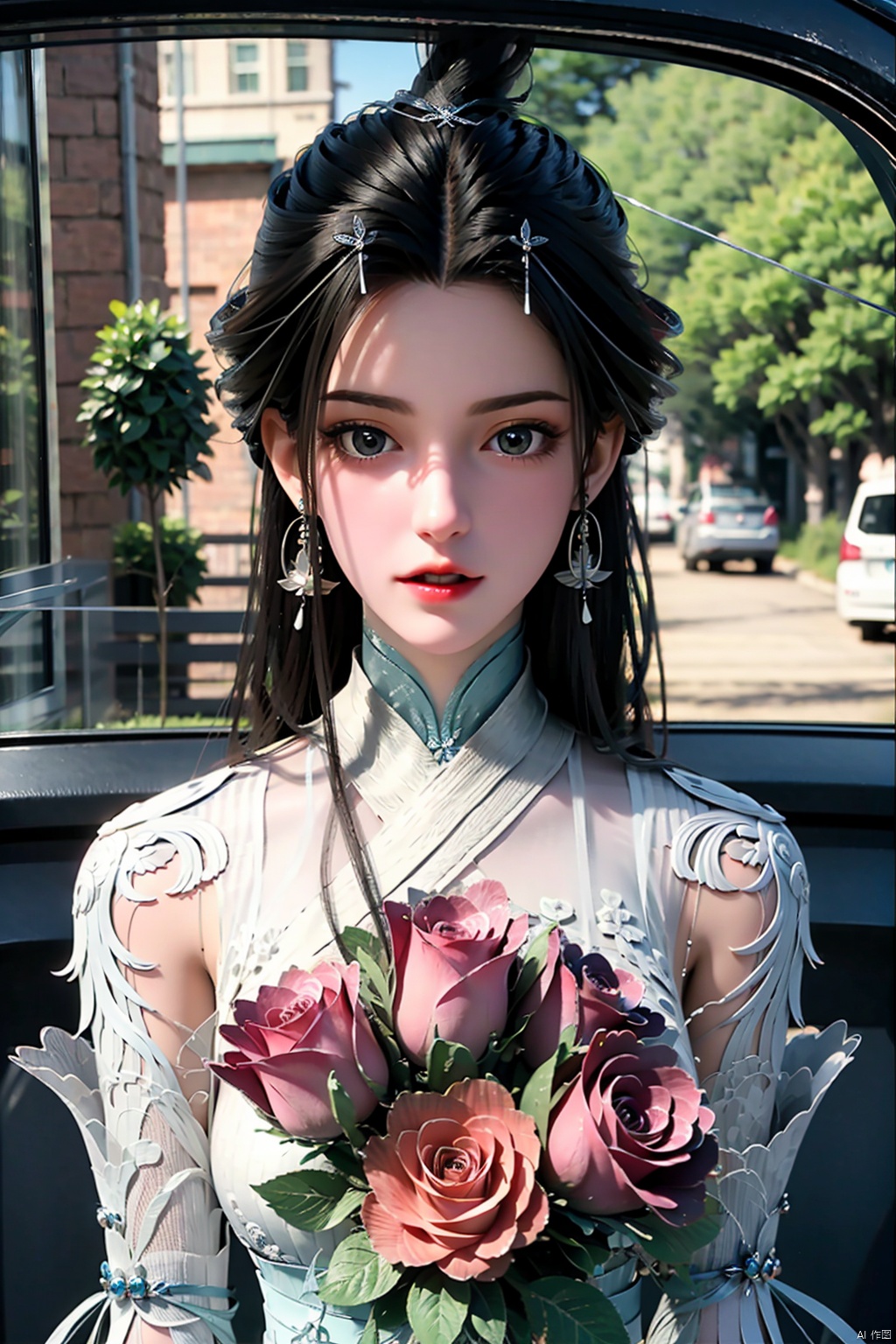 cinematic film still no humans, a car full of roses, covered with roses, pink roses, a cute little white cat sitting in the driver's seat, head out of the side window, holding a bouquet of red roses, adorable kawaii, chibi, fluffy, smile,happy, open mouth, laugh, looking up to viewers,cheerful,Chris LaBrooy, rossdraws global illumination, aestheticism, flying patels add a romantic fantasy atmosphere,cartoonish,excited,pixar, . shallow depth of field, vignette, highly detailed, high budget, bokeh, cinemascope, moody, epic, gorgeous, film grain, grainy