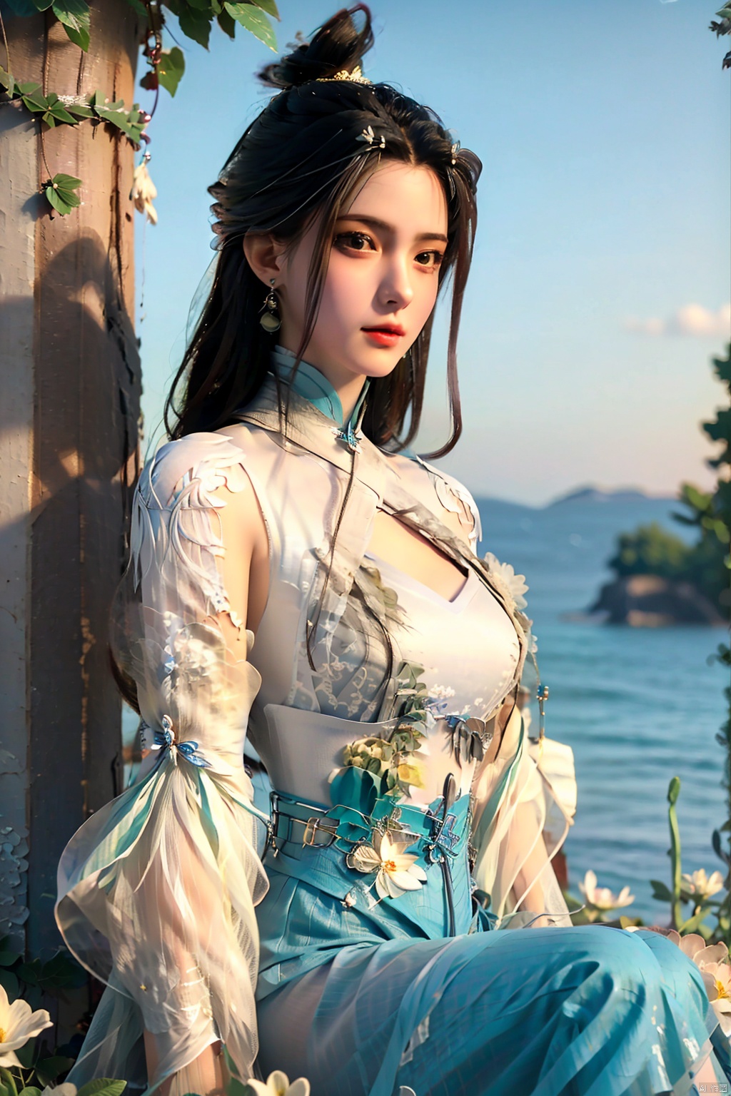  hdr, uhd, 8k, highly detailed, best quality, masterpiece, 1girl, realistic, highly detailed, (eos r8, 50mm, f1.2, 8k, raw photo:1.2), ultra realistic 8k cg,1 girl, solo focus,peafect body,long hair,(black hair:1.4),bangs,hair between eyes,sidelocks,hair over shoulder,very long hair,shiny hair,floating hair,bright eyes,big eyes,detailed eyes,beautiful eyes,hair ornament,hair flower,choker,frilled dress with lace,long dress,pleated dress,[loli],,outdoors,water,flower, in the ((sea of flowers)), flower field,meadow,beautiful detailed sky,feather,nature,(sunlight), skirt up,,moist skin, shiny skin, glossy skin, (best illumination, best shadow, extremely delicate and beautiful), perfect lighting, original, highres, dynamic angle, floating,depth of field, caustics,lens flare,warm lighting,(official art,beautiful and aesthetic:1.2),beautiful face, ultra detailed eyes, looking_at_viewer,kind smile,pose for picture,huolinger,(waist shot:1.4), ((poakl)), detail,(gold:1.3),(veil:1.4), xiaqingyue,(front view:1.4),(sitting:1.4),xiaoqingxue,mermaid