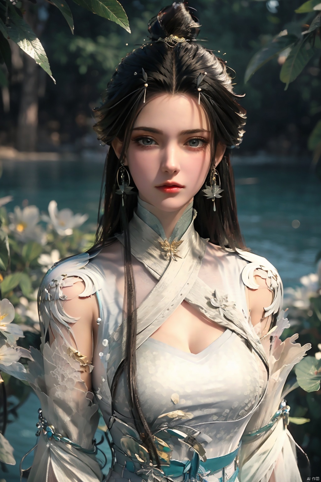  hdr, uhd, 8k, highly detailed, best quality, masterpiece, 1girl, realistic, highly detailed, (eos r8, 50mm, f1.2, 8k, raw photo:1.2), ultra realistic 8k cg,1 girl, solo focus,peafect body,long hair,(black hair:1.4),bangs,hair between eyes,sidelocks,hair over shoulder,very long hair,shiny hair,floating hair,bright eyes,big eyes,detailed eyes,beautiful eyes,hair ornament,hair flower,choker,frilled dress with lace,long dress,pleated dress,[loli],,outdoors,water,flower, in the ((sea of flowers)), flower field,meadow,beautiful detailed sky,feather,nature,(sunlight), skirt up,,moist skin, shiny skin, glossy skin, (best illumination, best shadow, extremely delicate and beautiful), perfect lighting, original, highres, dynamic angle, floating,depth of field, caustics,lens flare,warm lighting,(official art,beautiful and aesthetic:1.2),beautiful face, ultra detailed eyes, looking_at_viewer,kind smile,pose for picture,huolinger,(waist shot:1.4), ((poakl)), detail,(gold:1.3),(sitting:1.4),xiaoqingxue,1girl,black hair,black eyes,dress,earrings,gloves,hair ornament,jewelry,long hair,looking at viewer,medium breasts,realistic,solo,white dress,backlight