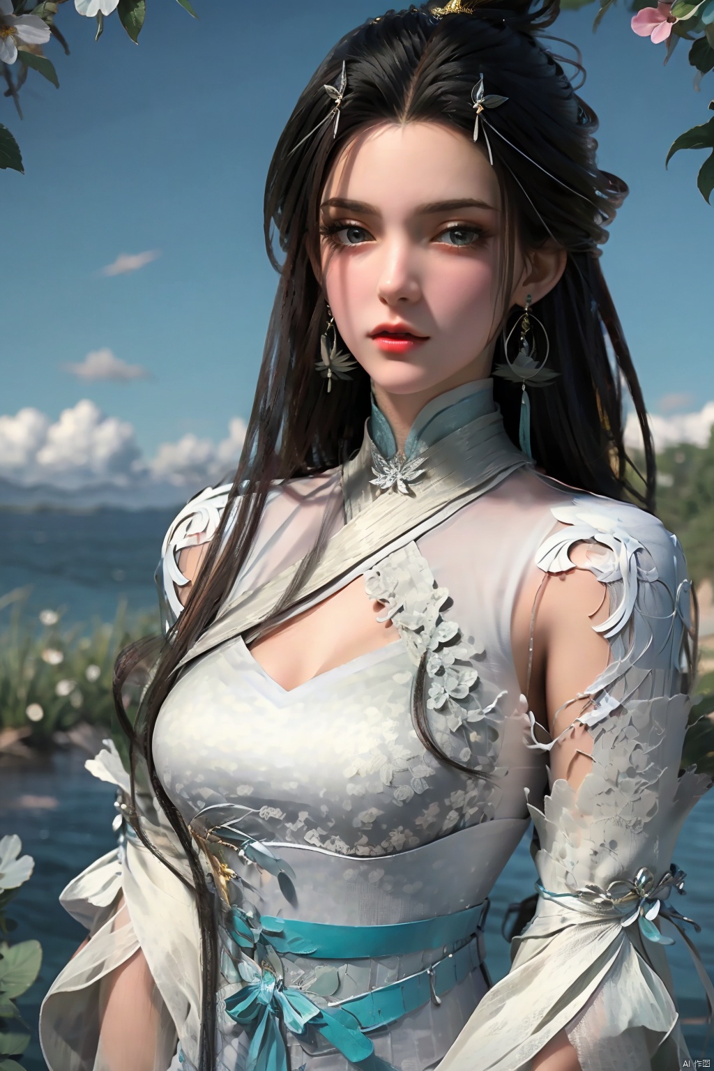  hdr, uhd, 8k, highly detailed, best quality, masterpiece, 1girl, realistic, highly detailed, (eos r8, 50mm, f1.2, 8k, raw photo:1.2), ultra realistic 8k cg,1 girl, solo focus,peafect body,long hair,(black hair:1.4),bangs,hair between eyes,sidelocks,hair over shoulder,very long hair,shiny hair,floating hair,bright eyes,big eyes,detailed eyes,beautiful eyes,hair ornament,hair flower,choker,frilled dress with lace,long dress,pleated dress,[loli],,outdoors,water,flower, in the ((sea of flowers)), flower field,meadow,beautiful detailed sky,feather,nature,(sunlight), skirt up,,moist skin, shiny skin, glossy skin, (best illumination, best shadow, extremely delicate and beautiful), perfect lighting, original, highres, dynamic angle, floating,depth of field, caustics,lens flare,warm lighting,(official art,beautiful and aesthetic:1.2),beautiful face, ultra detailed eyes, looking_at_viewer,kind smile,pose for picture,huolinger,(waist shot:1.4), ((poakl)), detail,(gold:1.3),(sitting:1.4),xiaoqingxue,1girl,black hair,black eyes,dress,earrings,gloves,hair ornament,jewelry,long hair,looking at viewer,medium breasts,realistic,solo,white dress,backlight